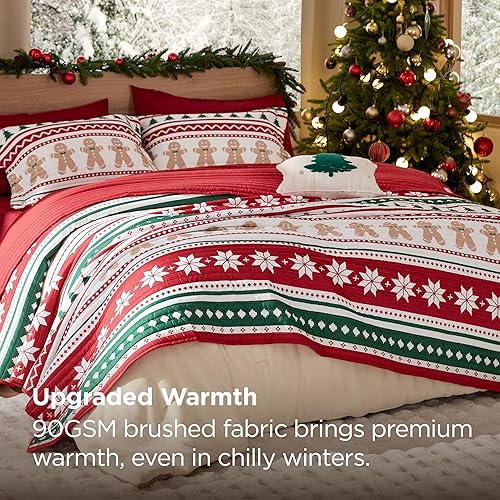 Miniatura 8 de Bedsure - Juego de colcha navideña, juego de ropa de cama de Navidad con patrón estampado a rayas de hombre de jengibre, ligera, de microfibra
