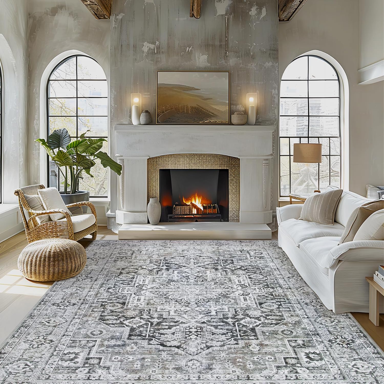 Area Rug Living Room Carpets: 9x12 Large Machine Washable Rug Boho Vintage Medallion Soft Thin Rug Indoor Floor Anti Slip No Shedding Carpet for Bedroom Dining Farmhouse Nursery Home Office-Grey/Blue Grey/Blue 9'x12'