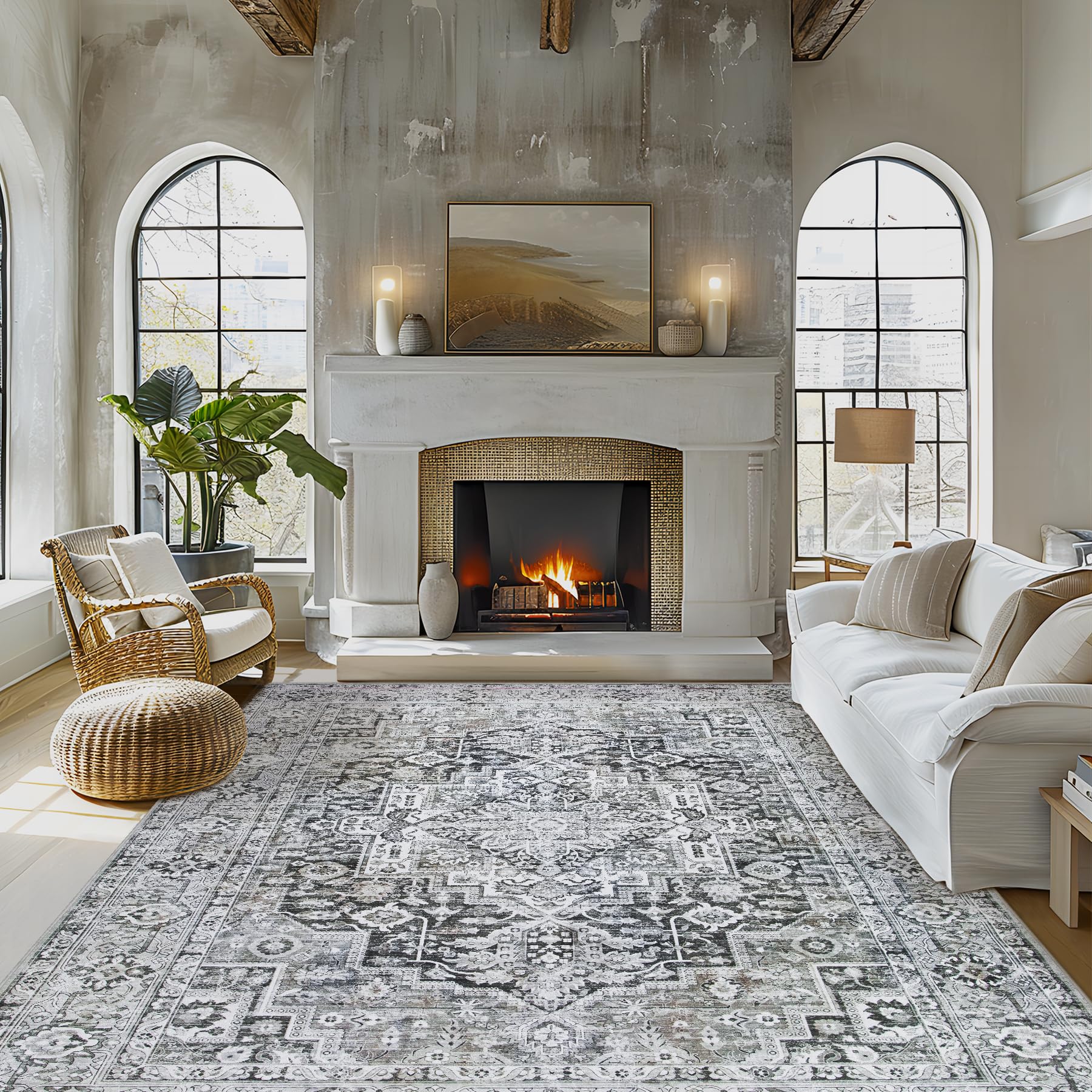 Area Rug Living Room Carpets: 8x10 Large Machine Washable Rug Boho Vintage Medallion Soft Thin Rug Indoor Floor Anti Slip No Shedding Carpet for Bedroom Dining Farmhouse Nursery Home Office-Grey/Blue