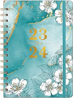 Academic Diary 2023-2024 - A5 Diary 2023-2024 Week to View, from August 2023 to July 2024, with Elegant Cover and Twin-wrie Binding - Green Marble and Cherry Blossom, 21.5 x 15.5 x 1.5 cm