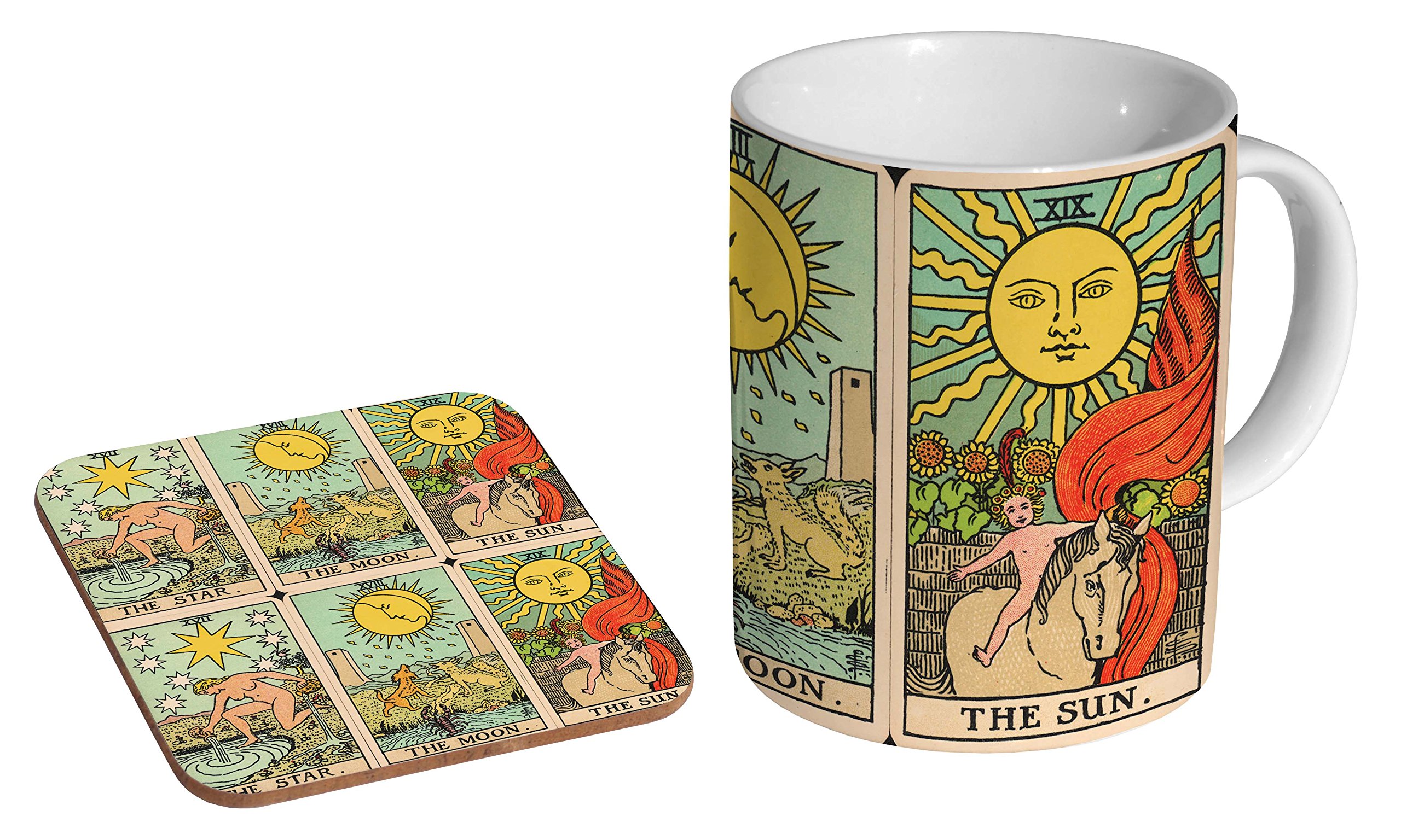 Mugmart White Tarot Card Artwork Star Moon Sun Ceramic Coffee Mug + Coaster Gift Set …