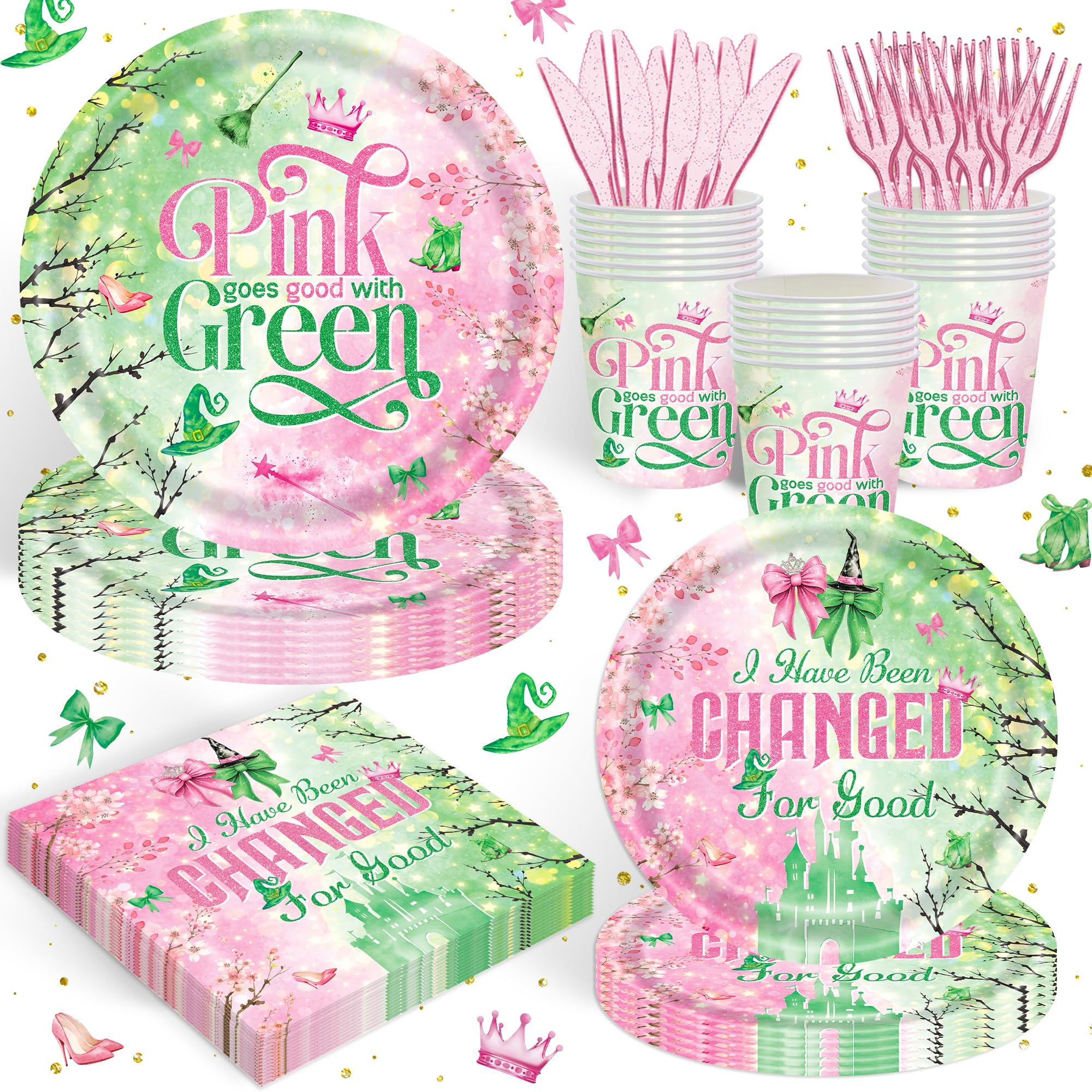 120PCS Pink and Green Witchs Party Supplies Cartoon Tableware Set for Kids Boys Girls Birthday Party Decorations Night Pink Goes Good with Green Themed Napkin Cups Forks Knives for 20 Guests