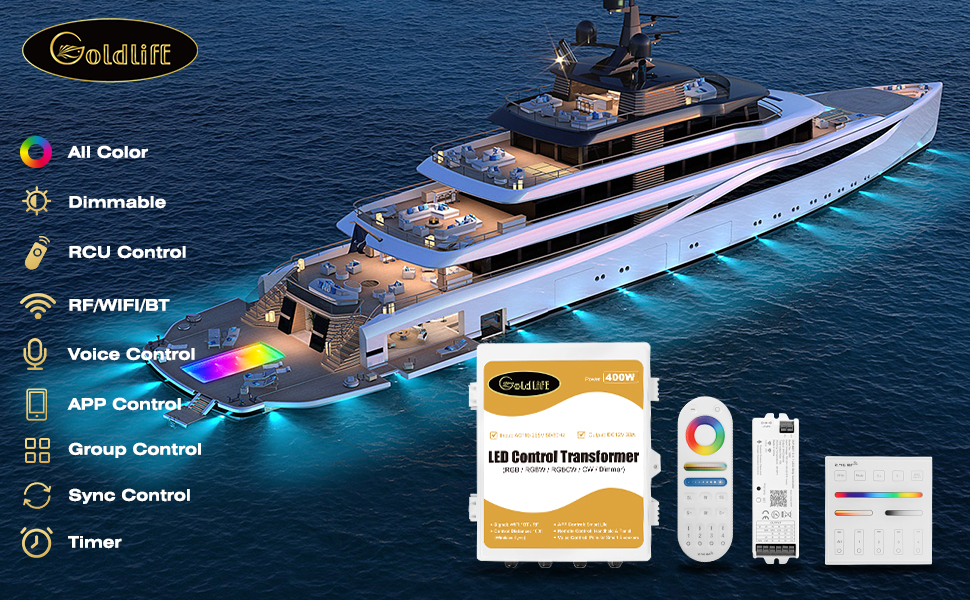 Image of Goldlife C1 400W LED Control Transformer Box, AC110-265V to DC12V Low Voltage Transformer + RGB CCT 5in1 LED Controllers + RF Handheld /Panel Remoters for Pool Boat Landscape Outdoor Lights