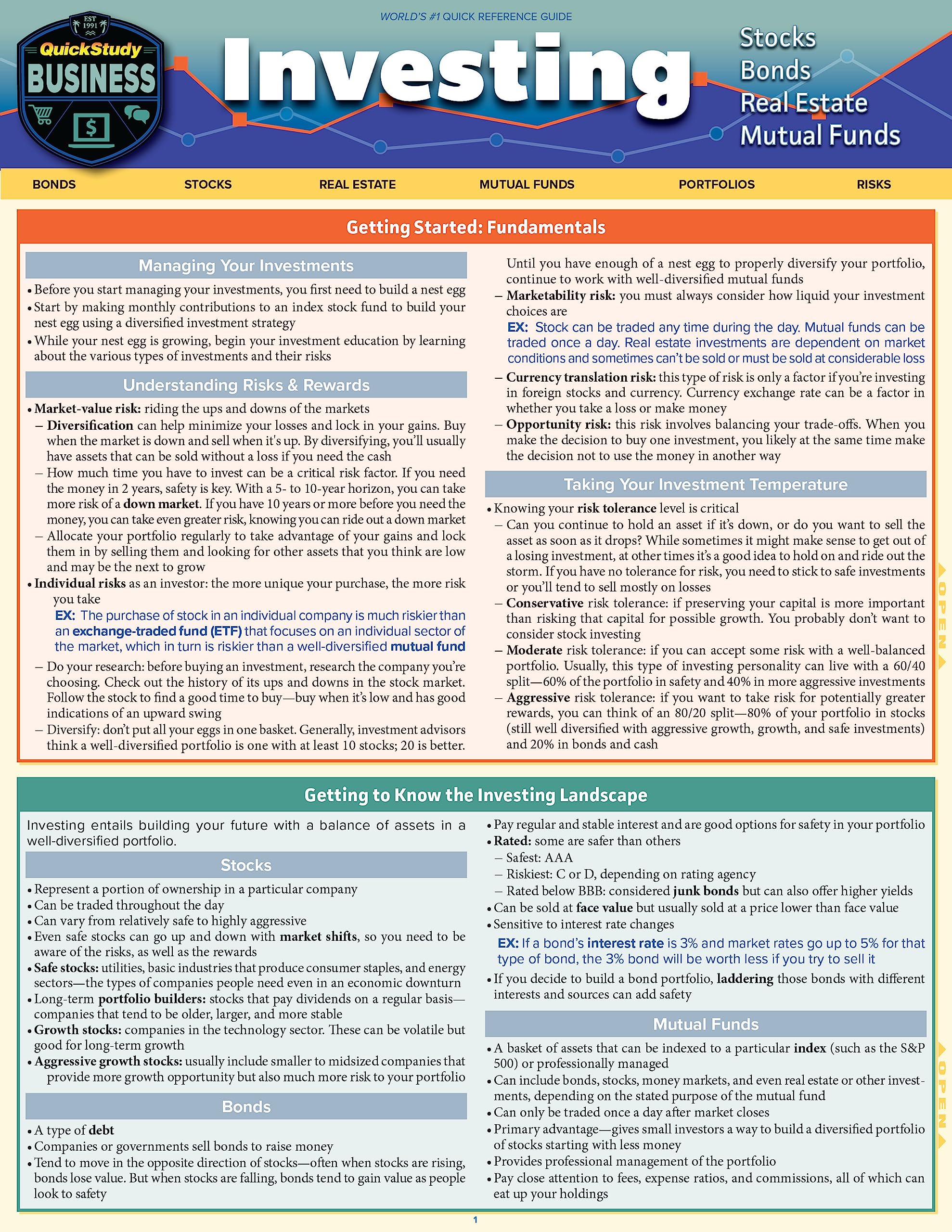 Investing - Stocks, Bonds, Real Estate, Mutual Funds: Quickstudy Laminated Reference Guide