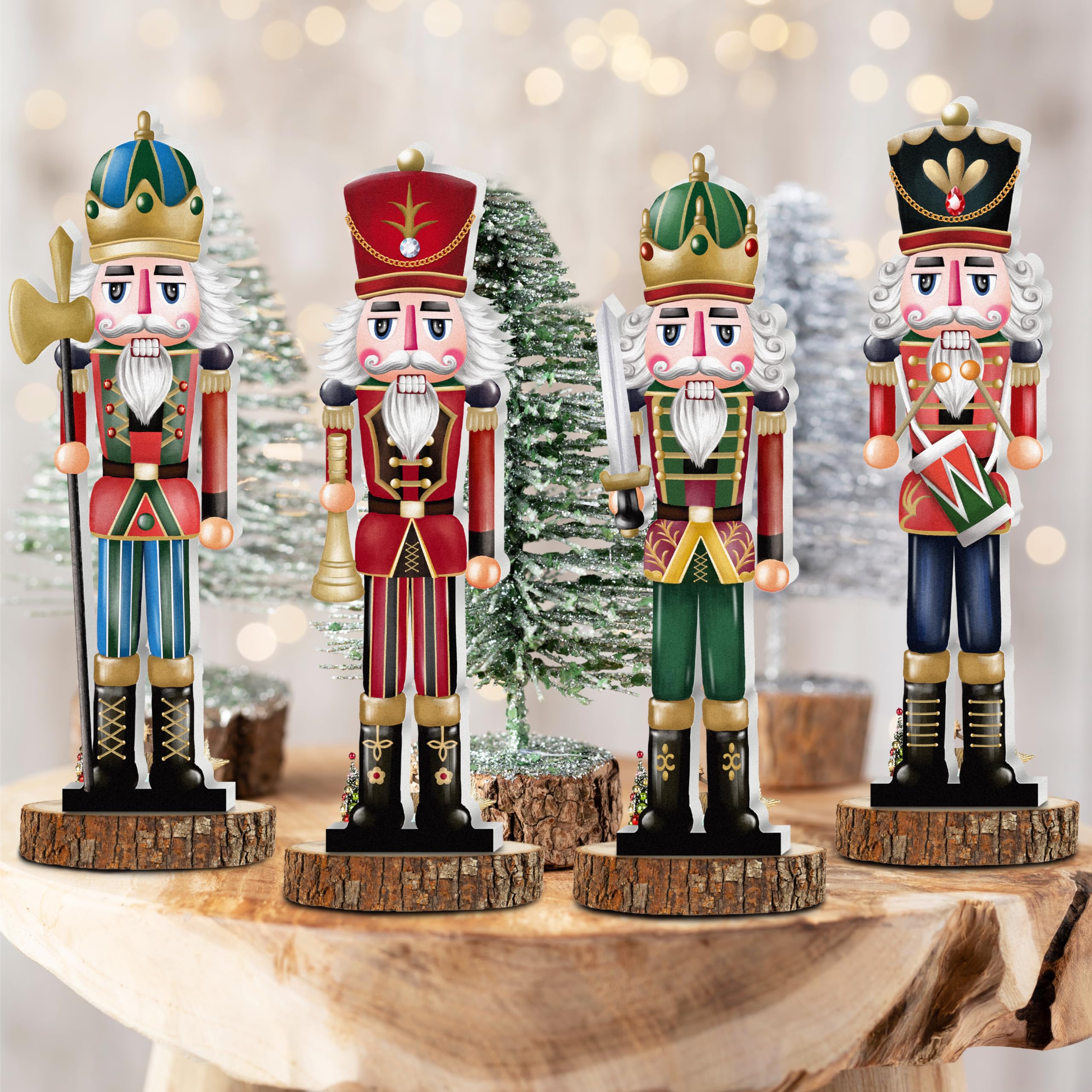 JOPHMO Christmas Wooden Nutcracker Table Centerpieces Tabletop Wood Decorations Tiered Tray Ornaments 4Pcs Indoor Farmhouse Rustic Home Shelf Display (Xmas-Nutcracker-4p)