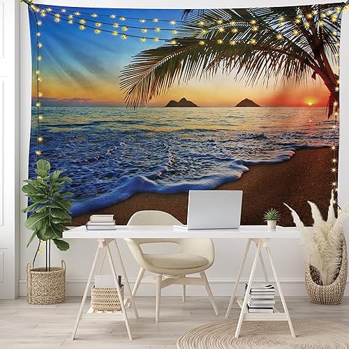 Vista 6 de Ambesonne Tapiz hawaiano, amanecer del Pacífico en Lanikai Beach Hawaii colorido cielo ondulado superficie del océano, decoración de tela