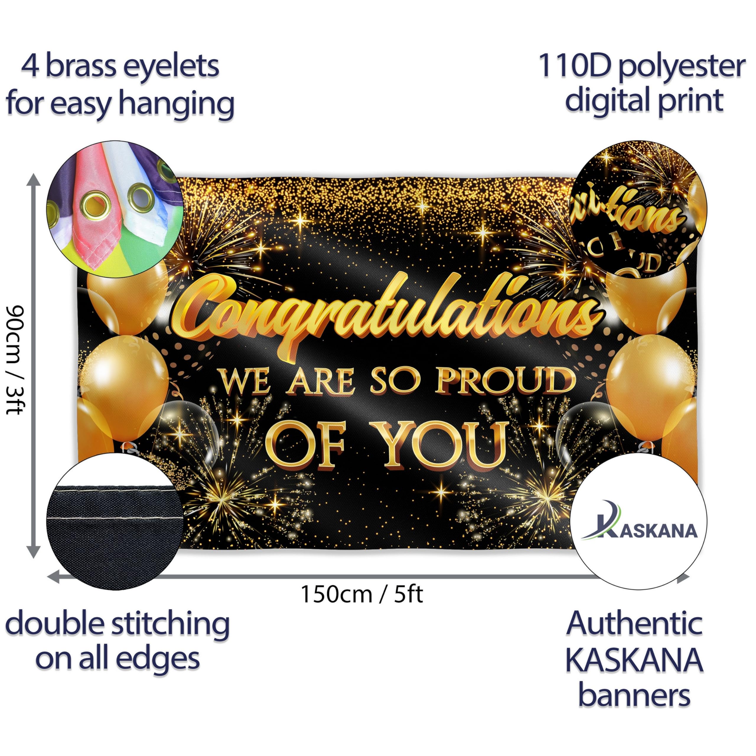 Congratulations Banner - Graduation Decorations 5x3ft - Well Done Banner - We Are So Proud of You - You Did It (Black and Gold) - Image 2
