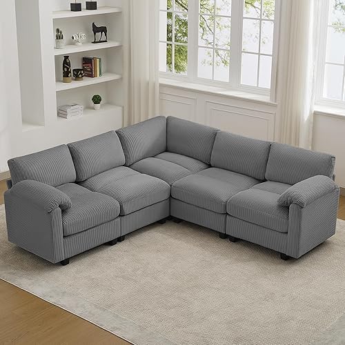 Miniatura 27 de Sofá nube seccional en forma de V de 114 pulgadas con otomana, sofás modulares de 7 plazas para sala de estar, sofá de pana de gran tamaño con