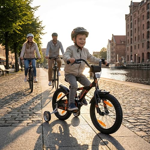 PROMETHEUS BICYCLES bicicletta bambini 5-7 anni bici per bambina bambino 16 pollici bimba con rotelle e freno contropedale Nero Arancione - 2