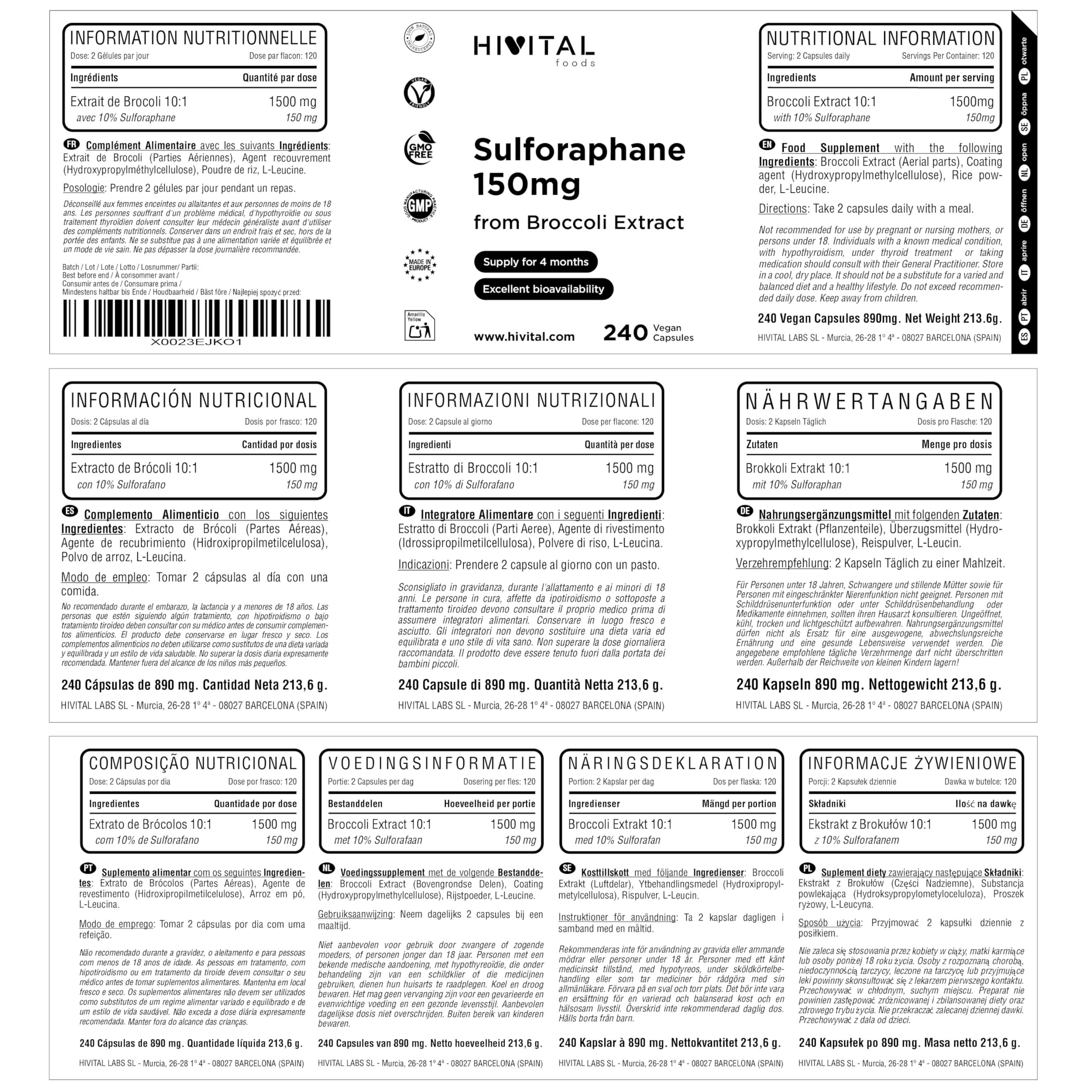 Sulforafano 150 mg. 240 capsule vegane per un trattamento di 4 mesi. Estratto Naturale di Broccoli concentrato 10:1 al 10% di Sulforafano, che fornisce 150 mg di Sulforafano. Prodotto da HIVITAL