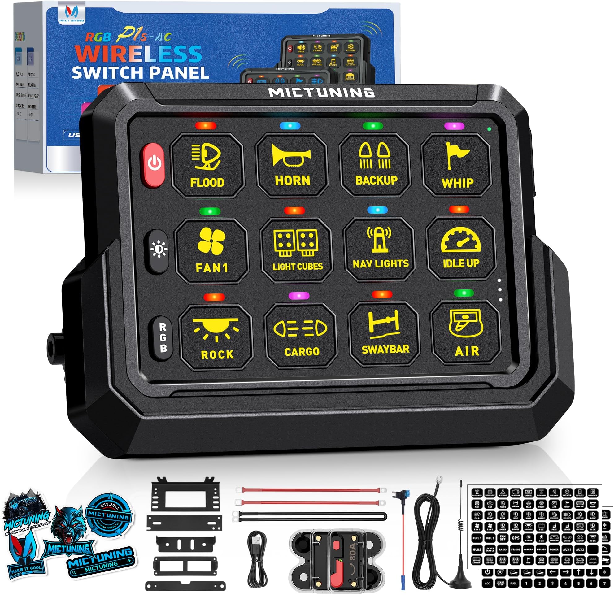 MICTUNING P1s-AC Wireless 12 Gang Switch Panel, 433MHz Remote Control Range Up to 265FT Plug and Play 12v Multifunction Toggle Momentary Pulsed Strobe Circuit Control Relay System Box for Car Truck RV