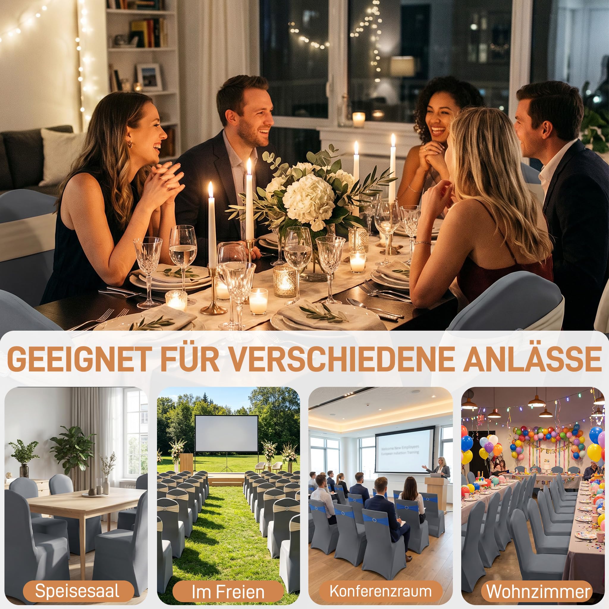 AufuN Stuhlhussen Stretch 50 Stück Elastische Stuhlbezüge für Bankettstühle ohne Armlehne Universell Moderne Stuhl Husse Abnehmbarer Waschbarer, Ideal für Hochzeit, Party, Gastronomie, Grau