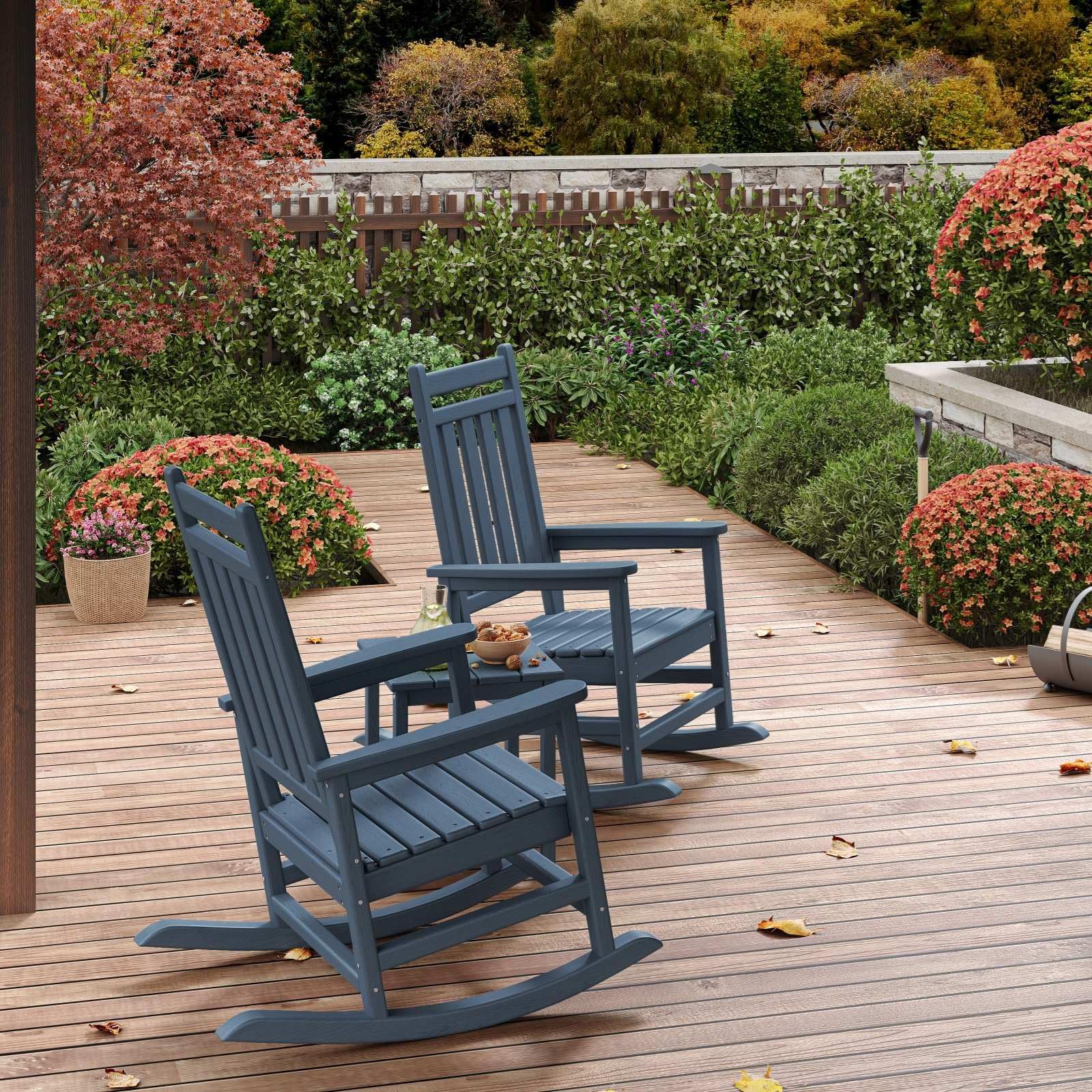 GarveeTech Silla Mecedora de HDPE para Jardín y Exteriores - Respaldo Alto, Estilo Adirondack, Resistente a Todo Clima, Diseño Ergonómico, Imitación Madera Ideal para Patio, Porche o Terraza - Azul