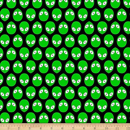Brillan en la oscuridad Increíbles Aliens Green Alien Heads Tela verde por The Yard