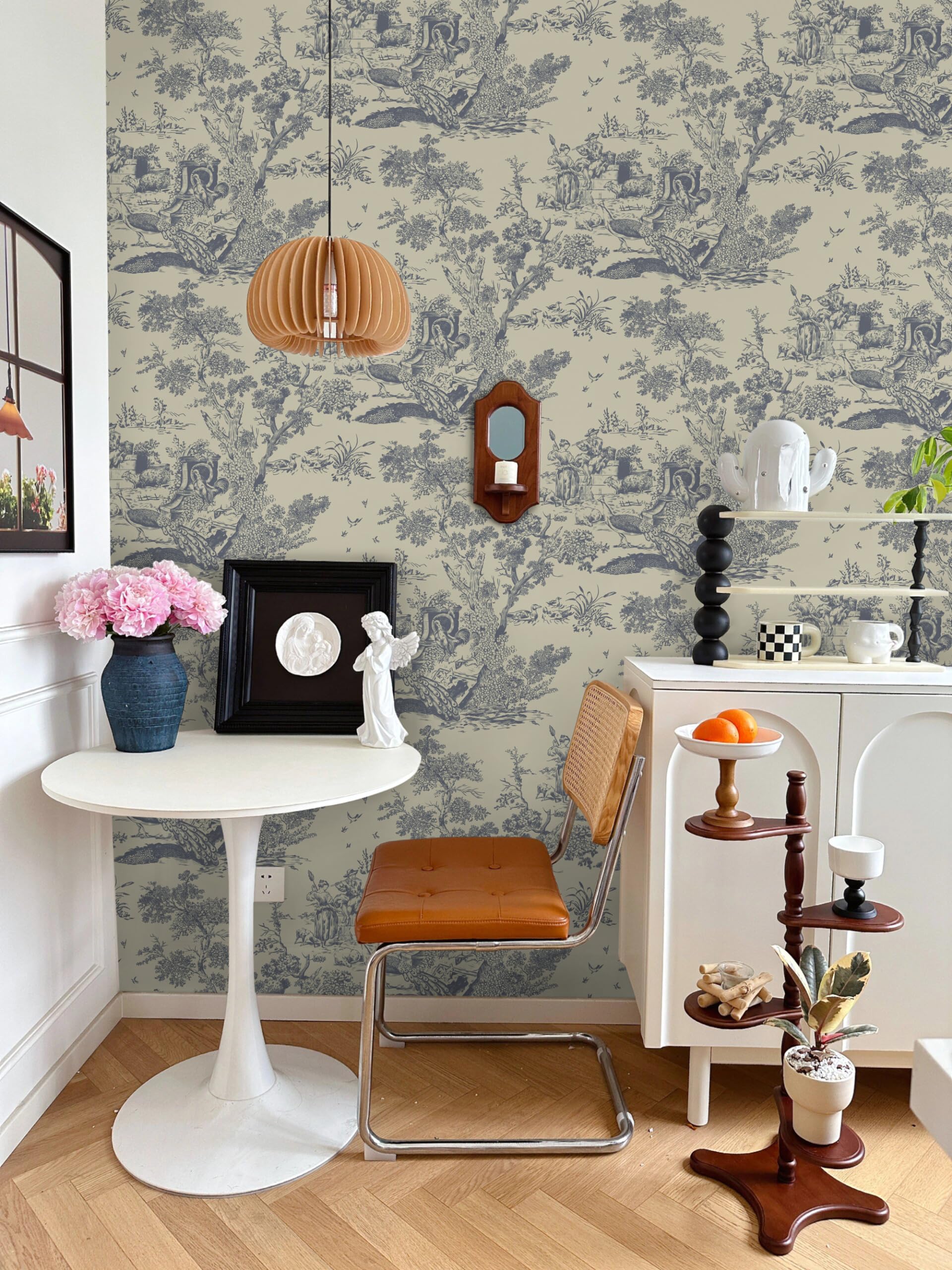 Papel tapiz autoadhesivo azul y beige, 41 cm x 10 m, papel tapiz vintage para despegar y pegar, papel tapiz de árbol y animales, papel tapiz de vinilo impermeable para sala de estar, muebles de
