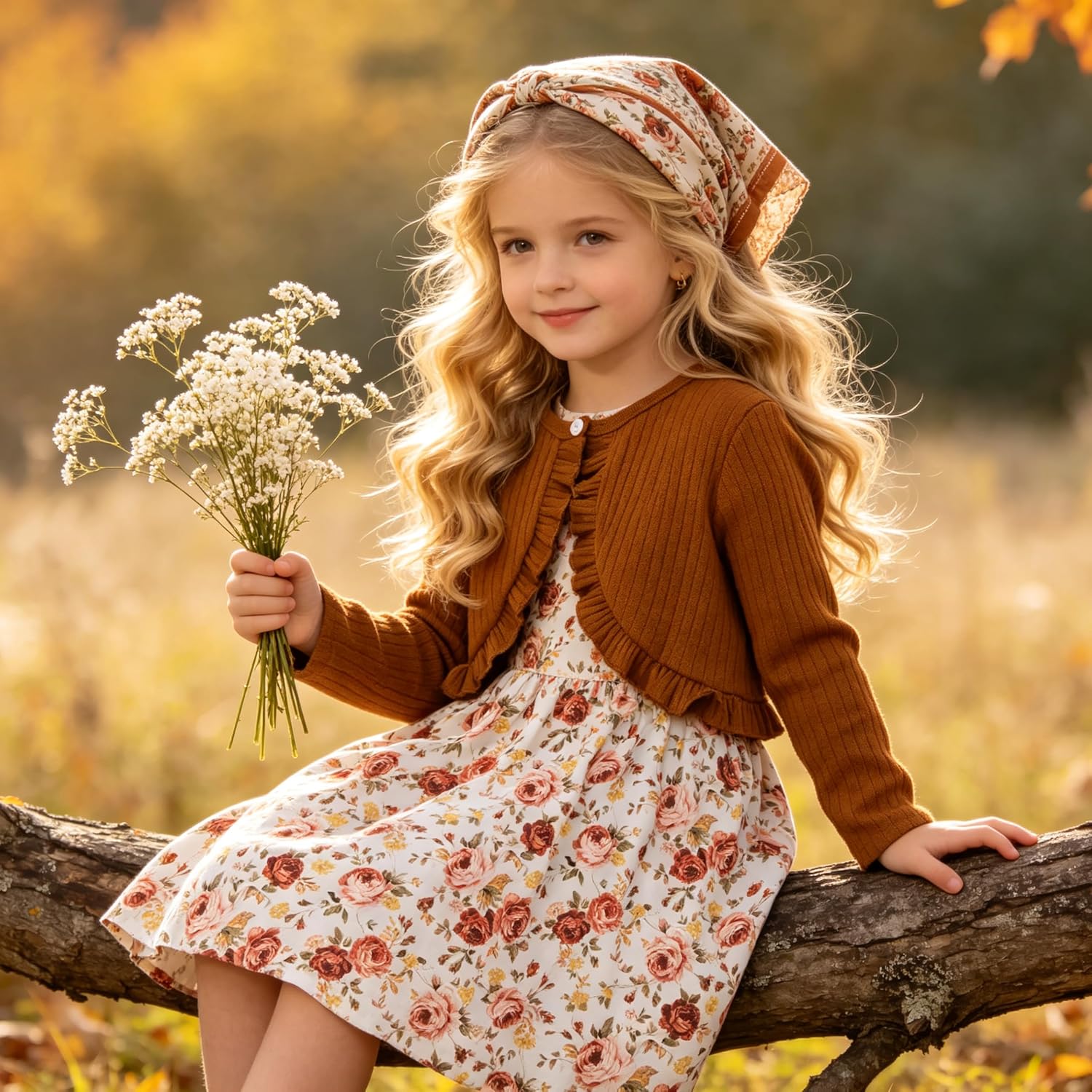 Kid Toddler Girl Fall Dress+Cardigan 2 Piece Floral/Plaid Sleeveless Dress and Cardigan Set 2-14Y