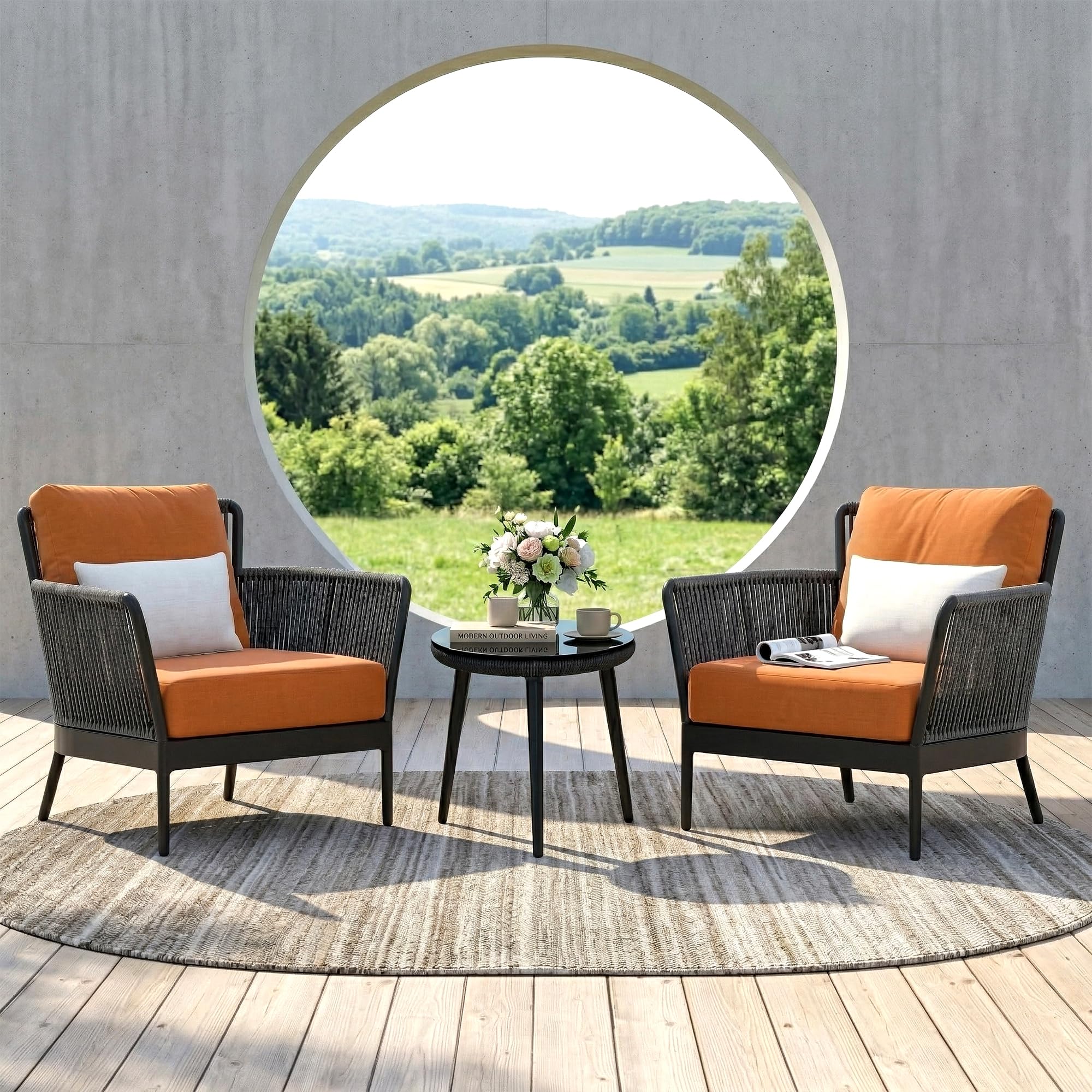 BRISHI Garden Patio Seating Chair and Table Set Outdoor Balcony Garden Coffee Table Set Furniture with 1 Table and 2 Chairs Set with Cushion Braid & Rope (Grey/Orange), 64 cm, 67 cm, 23 inch