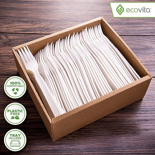 Vista 2 de Tenedores 100 % compostables – 140 utensilios desechables grandes (7 pulgadas) respetuosos con el medio ambiente, duraderos y resistentes al calor