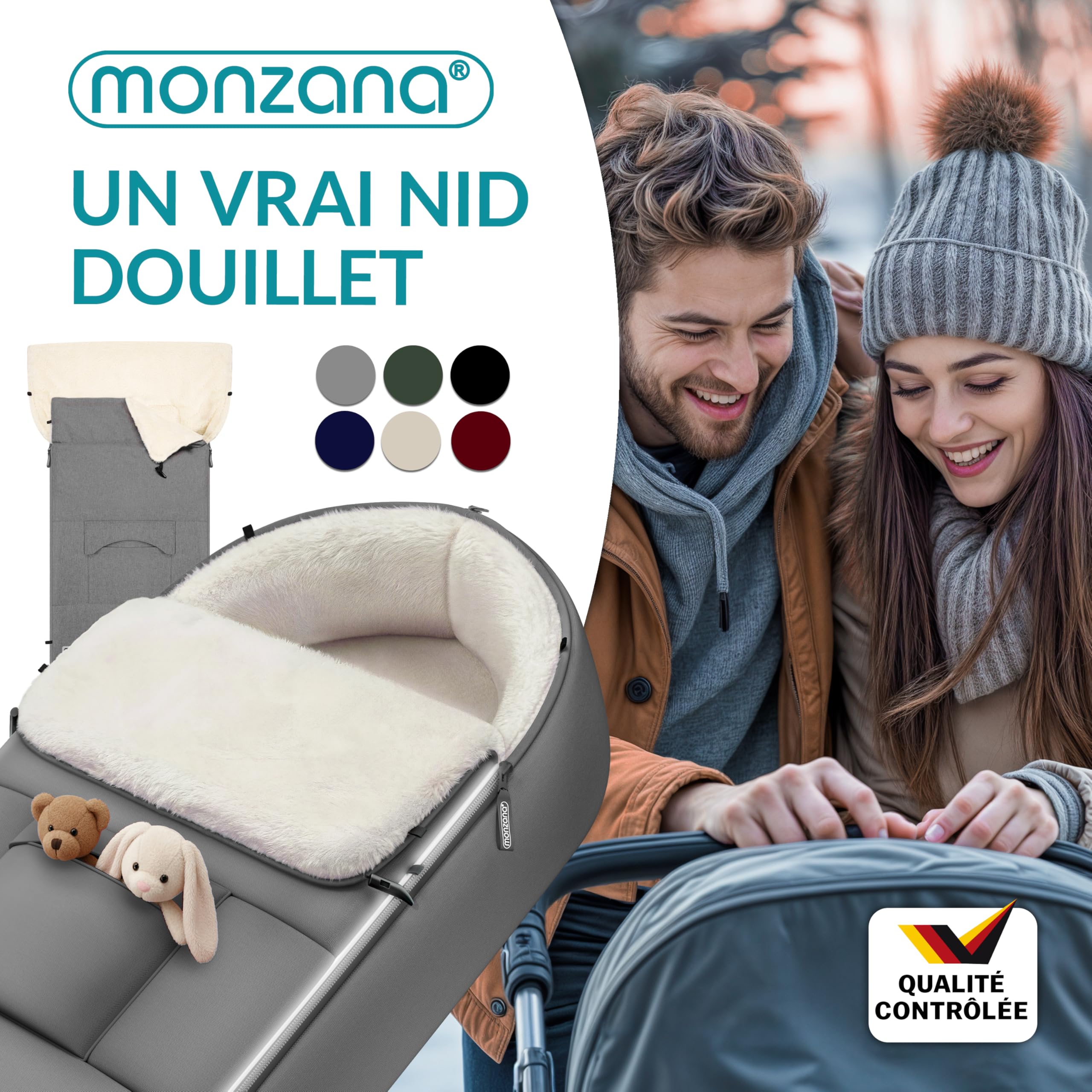 MONZANA® Chancelière universelle avec chauffe-mains pour poussette, landeau ou siege auto, Reducteur de lit bébé, Couverture bebe emmaillotage, nid d'ange, gigoteuse Hiver, Plaid - Gris