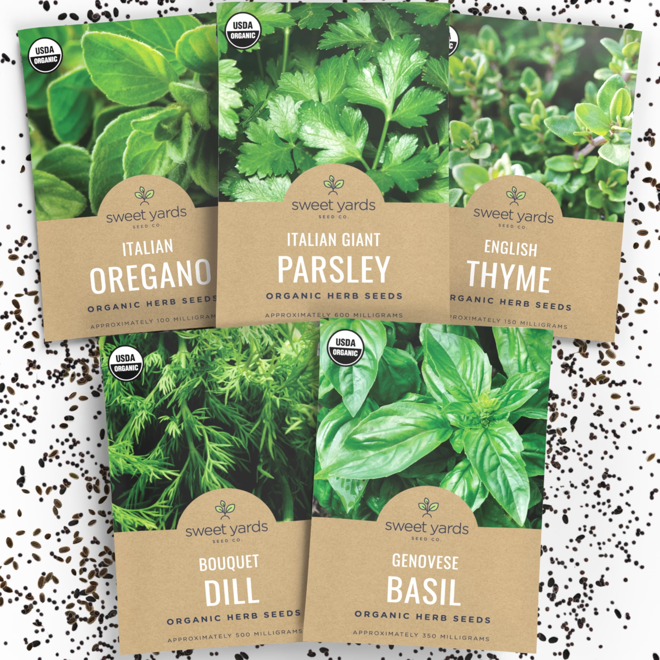 Organic Herb Seeds Variety Pack - 5 Individual Packs - 2026 Season - Basil, Oregano, Dill, Thyme & Parsley. for Indoor & Outdoor Planting (Non-GMO, Certified Organic)