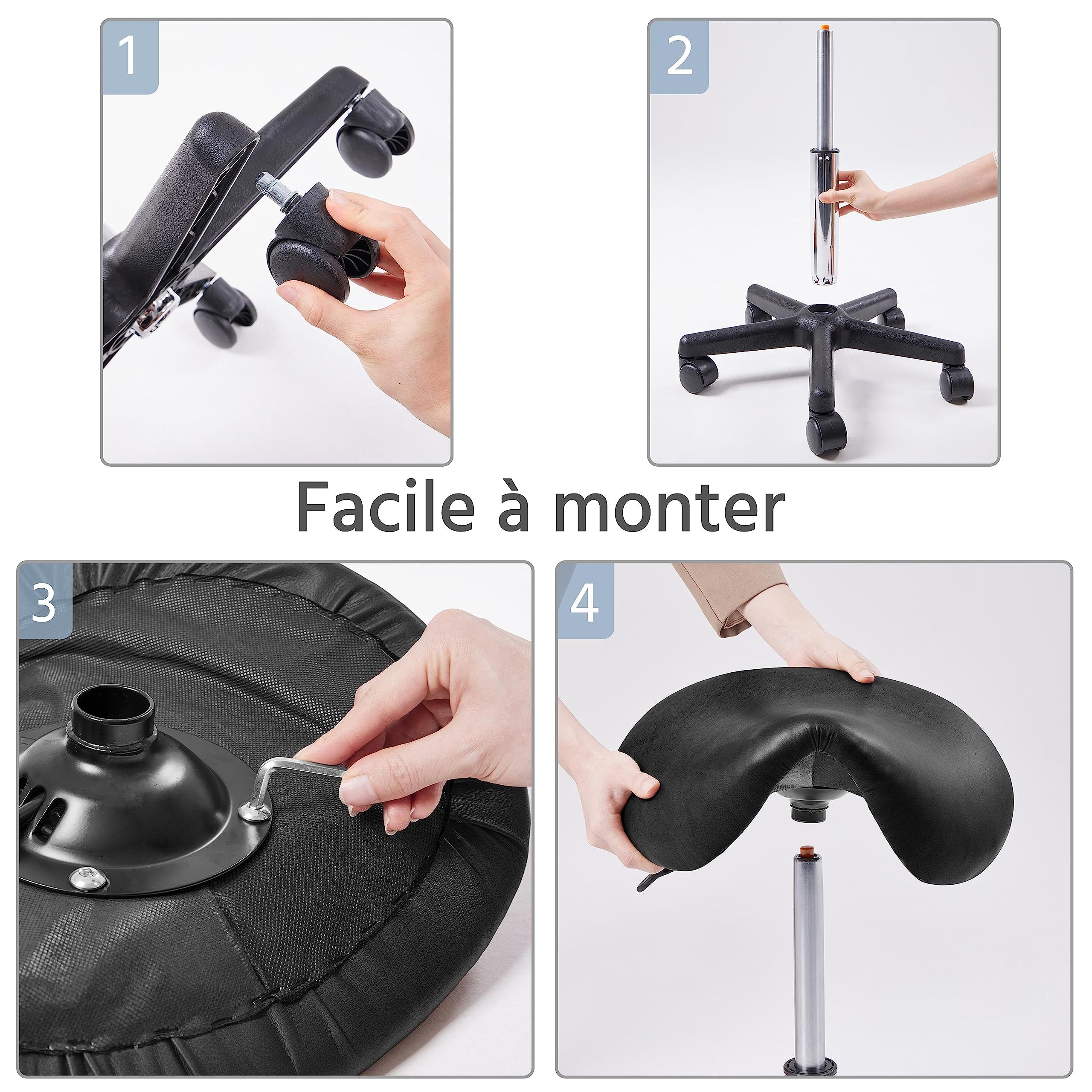 Yaheetech Tabouret roulettes Professionnel PU Tabouret Ergonomique Selle De Cheval Anti Mal De Dos à roulettes Pivotantes Hauteur Réglable 45,5-60 cm Noir