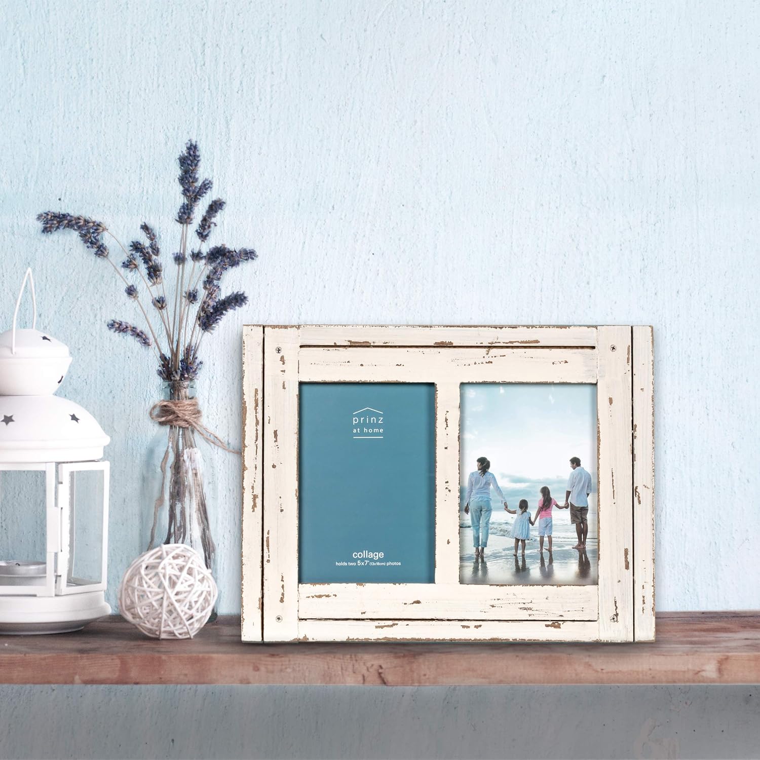 Prinz Homestead Double 5 x 7 Distressed White Wood Frame, Coastal Decor Hand-Distressed Rustic Picture Frame, Two-Way Easel, Can Be Wall-Mounted, Antique White