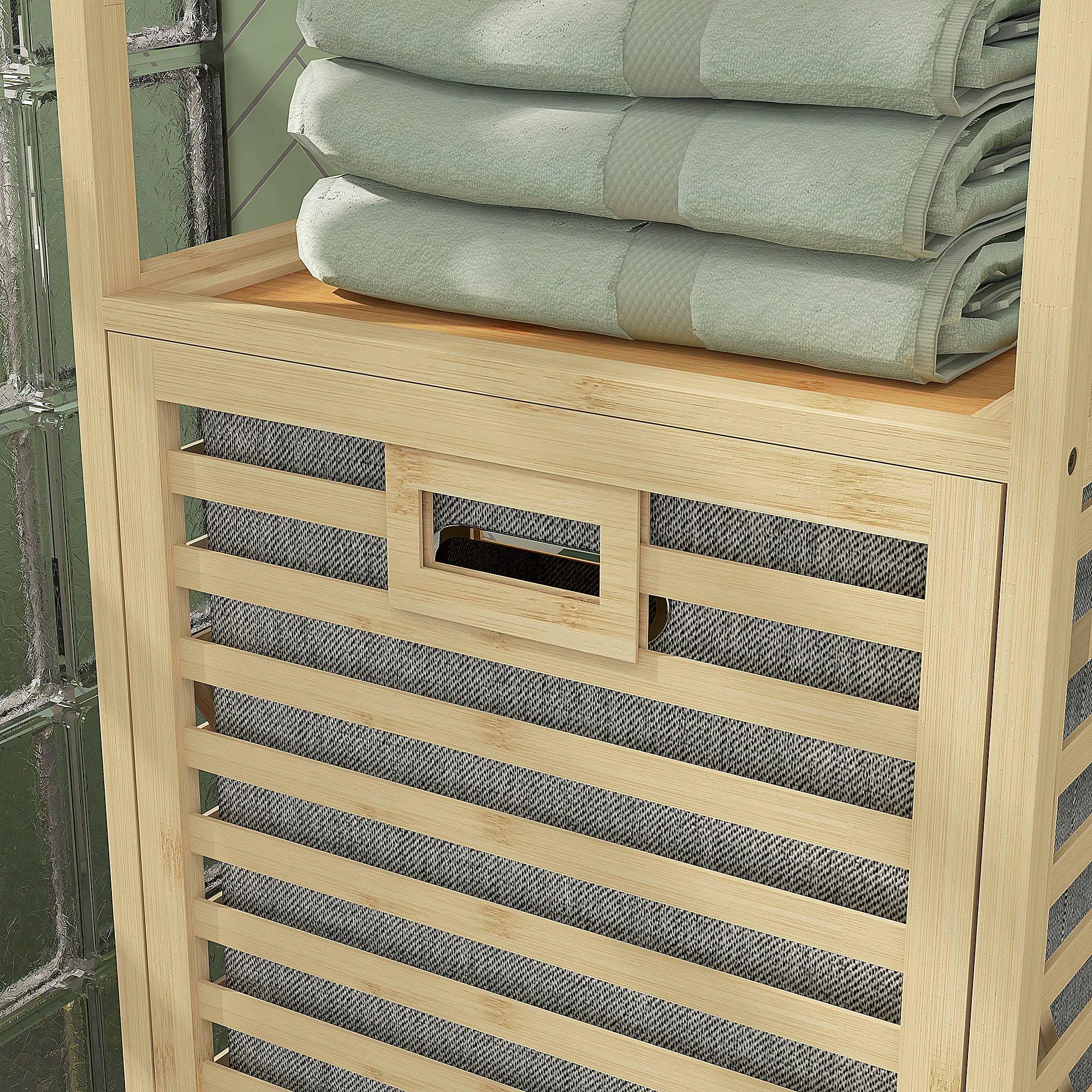 HOMCOM Estantería de Baño de Bambú Estantería de Almacenaje Mueble de Baño con 3 Estantes y 1 Cesto para Ropa Sucia Desmontable 44x33x160 cm Natural