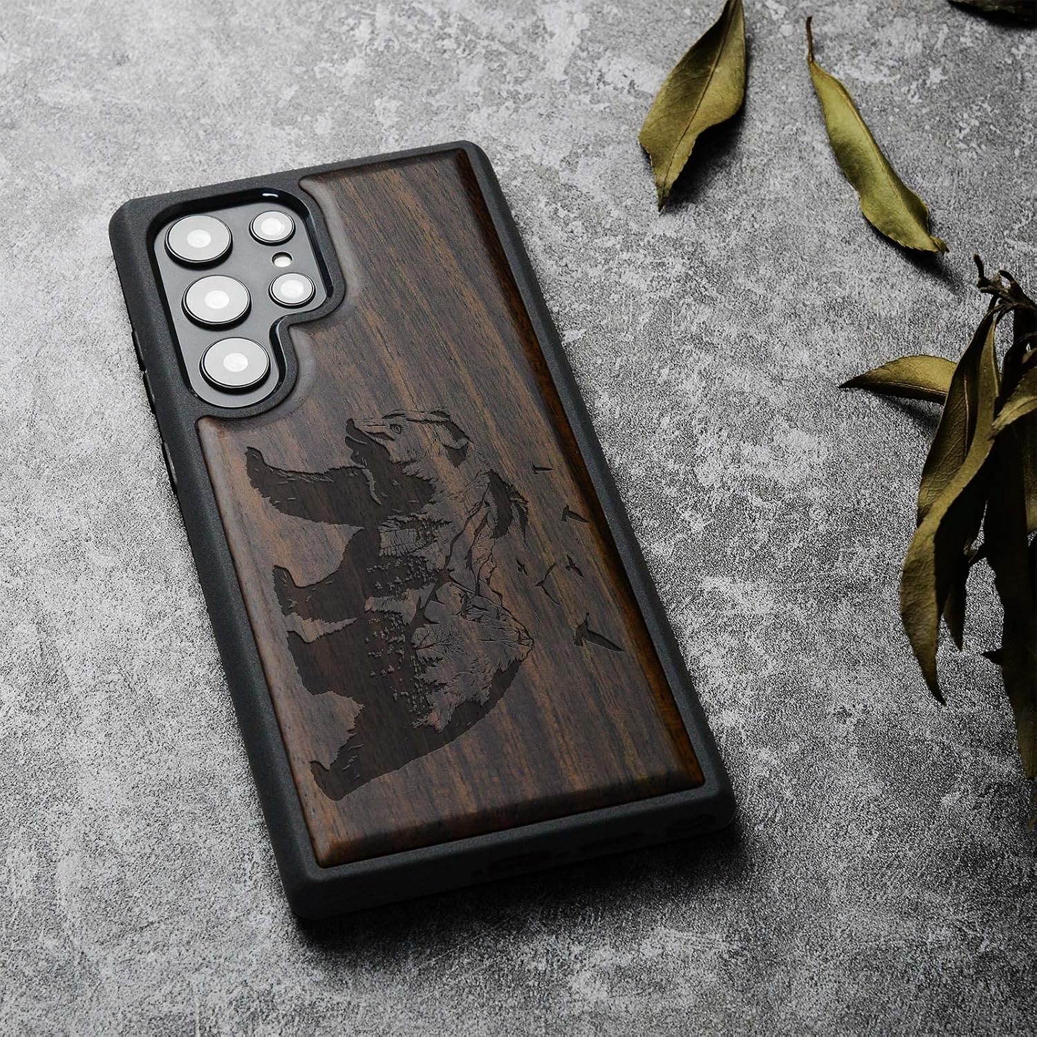 Carveit Wood Case for Galaxy S23 Ultra Case [Natural Wood & Black Soft TPU] Shockproof Protective Cover Unique & Classy Wooden Design Compatible with Samsung S23 Ultra (Bear and Valleys-Blackwood)