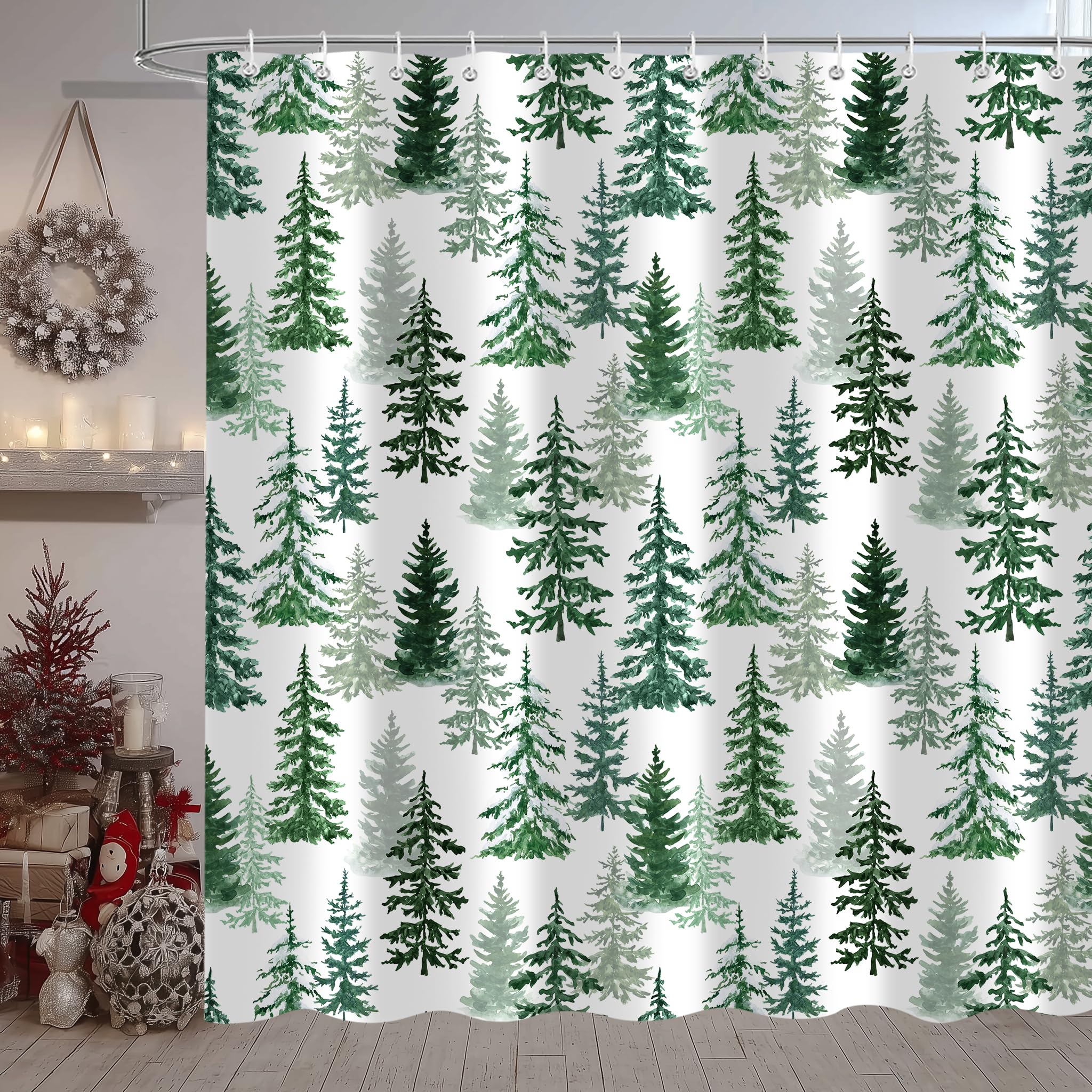 DSMEUE Christmas Tree Shower Curtain - Pink Xmas Tree Snowflake Pattern Fabric Bathroom Decor (70x70 Inches) - View #7