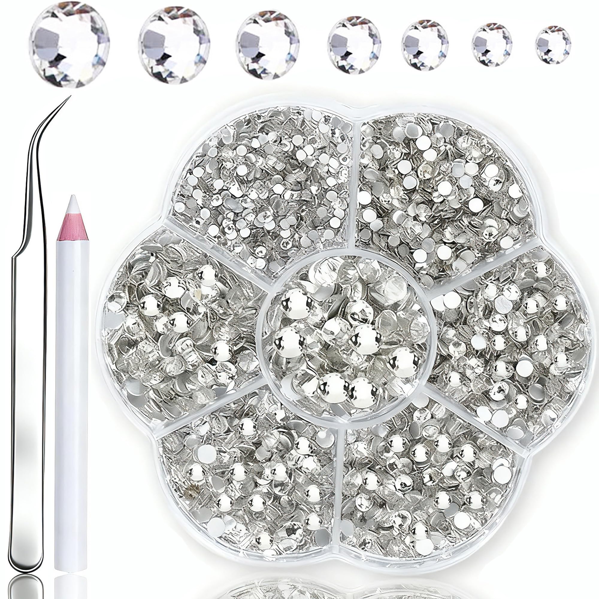 Rhinestone Flat Back Glass Kit, 2400 Round Glass Crystal Rhinestones, 7 Sizes Sparkling Diamond Gems, with a Dotting Pen ＆ Tweezer, for Crafts Embellishment Shoes Clothes Bags Nail Art DIY