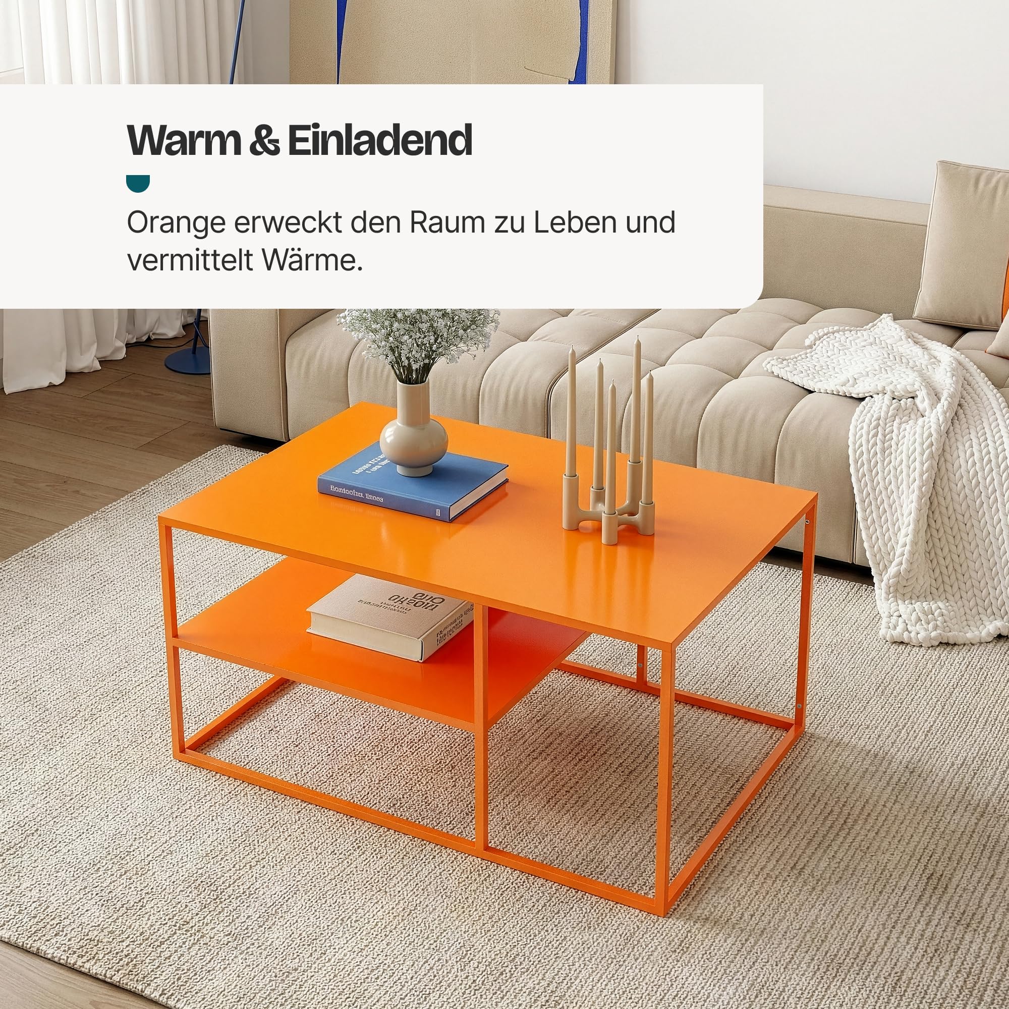 [en.casa] Couchtisch Solund Beistelltisch Metall Orange Wohnzimmertisch mit Stauraum 90 x 60 x 45 cm Sofatisch rechteckig Kaffeetisch