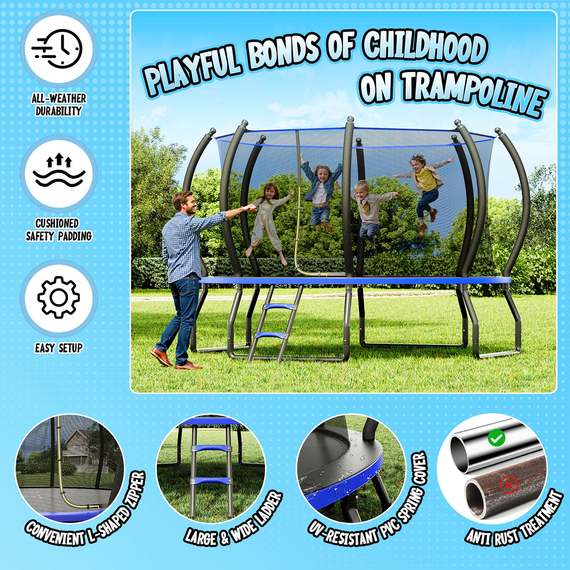 YUMPIE Cama elástica para exteriores de 8 pies, 10 pies, 12 pies, 14 pies, 15 pies, 16 pies, con red de cierre y escalera, trampolines recreativos para niños y adultos, marco de conexión rápida