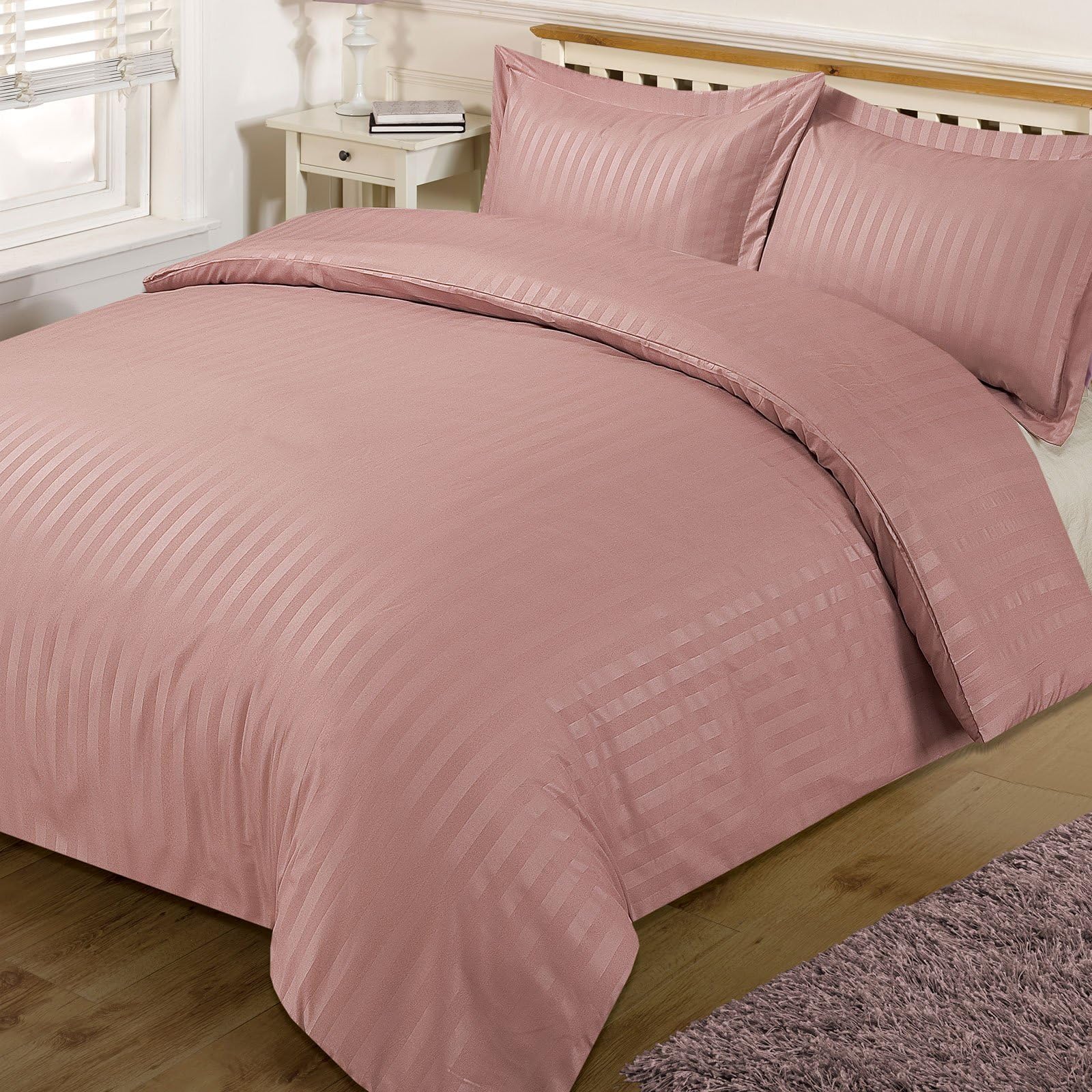 DreamsceneSatin Stripe Beautiful Soft Fresh Comfortable Simple Eyecatching Duvet Cover Bedding Set, Blush Pink - Superking