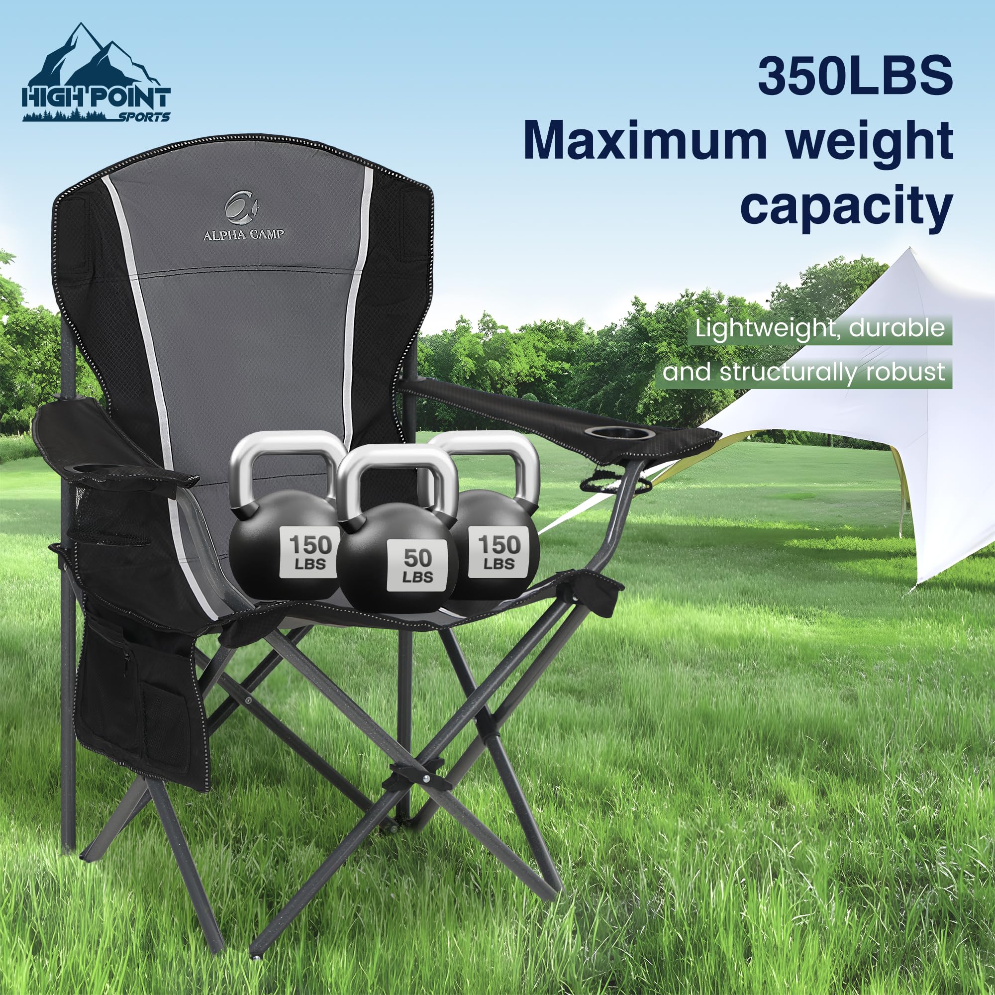 HIGH POINT SPORTS Silla de camping plegable, 160 kg, plegable, con reposabrazos, soporte para bebidas, marco de acero, portátil, color negro y gris, 2 unidades