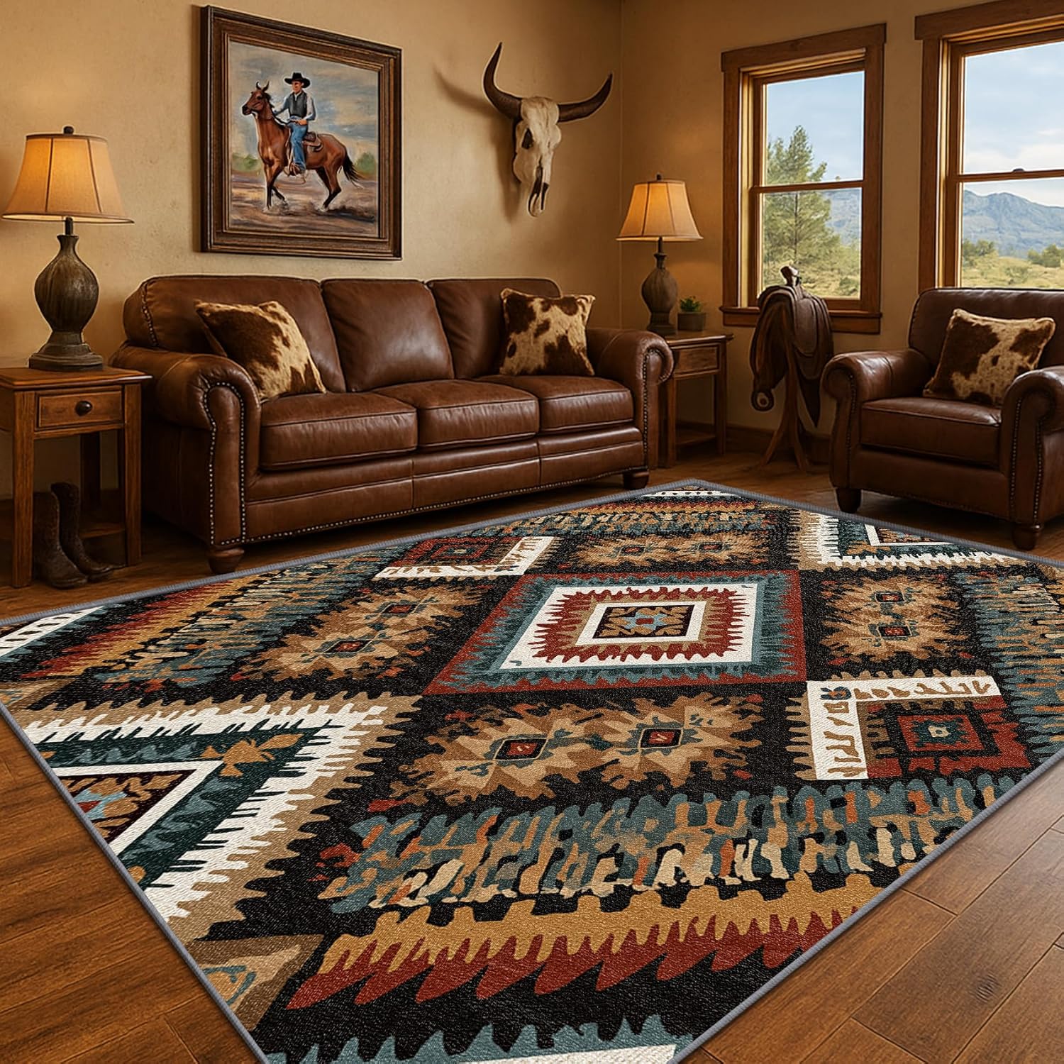 Aztec Rugs for Living Room - Native American Rug 6x8, Southwestern Tribal Area Rugs, Boho Farmhouse Vintage Carpet, Washable & Non Slip & Soft Large Carpets Room Decor #A360