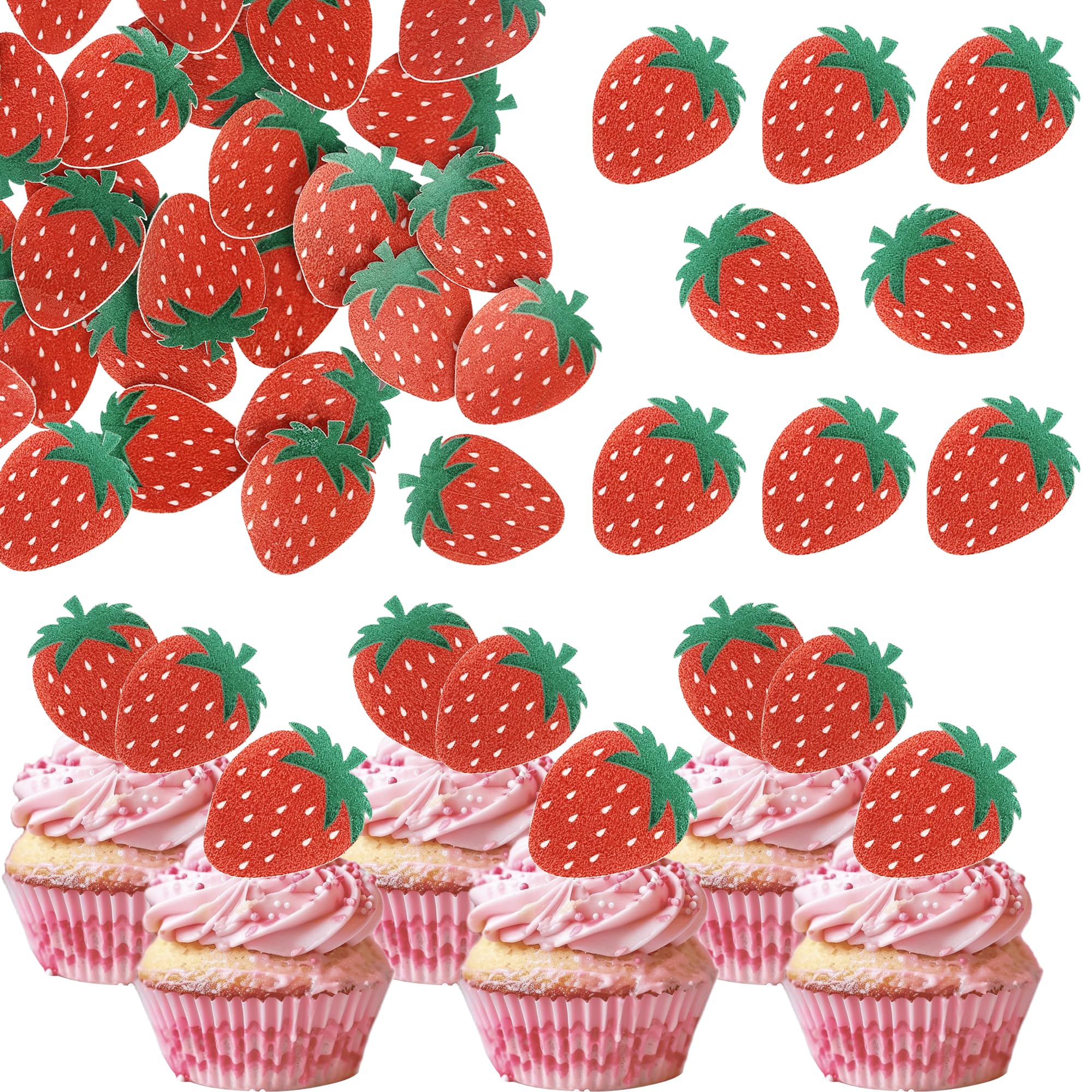 SYKYCTCY 60 Pack Edible Strawberry Cupcake Toppers Red Glitter Strawberry Happy Birthday Cake Picks Decorations For Summer Berry Fruit Theme Baby Shower Kids Boys Girls Party Supplies