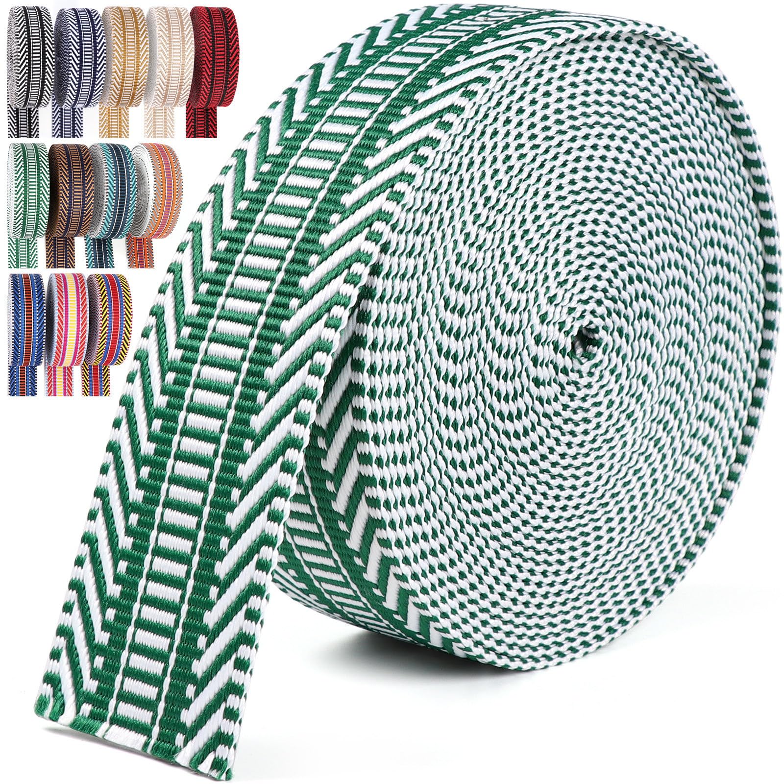 PECMER Webbing 1.5 Inch Green-White Webbing Straps for Bags - 6 Yards Polycotton Jacquard Webbing Nylon Ribbon 1 1/2 Inch for Bag Purse Hanging Belt Tote Straps