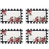 Newbridge Poinsettia Festivity Gingham Bordered Christmas Fabric Placemats, Holiday Red Poinsettia & Holly Print, Easy Care Stain Release, Set of 4 Border Placemats