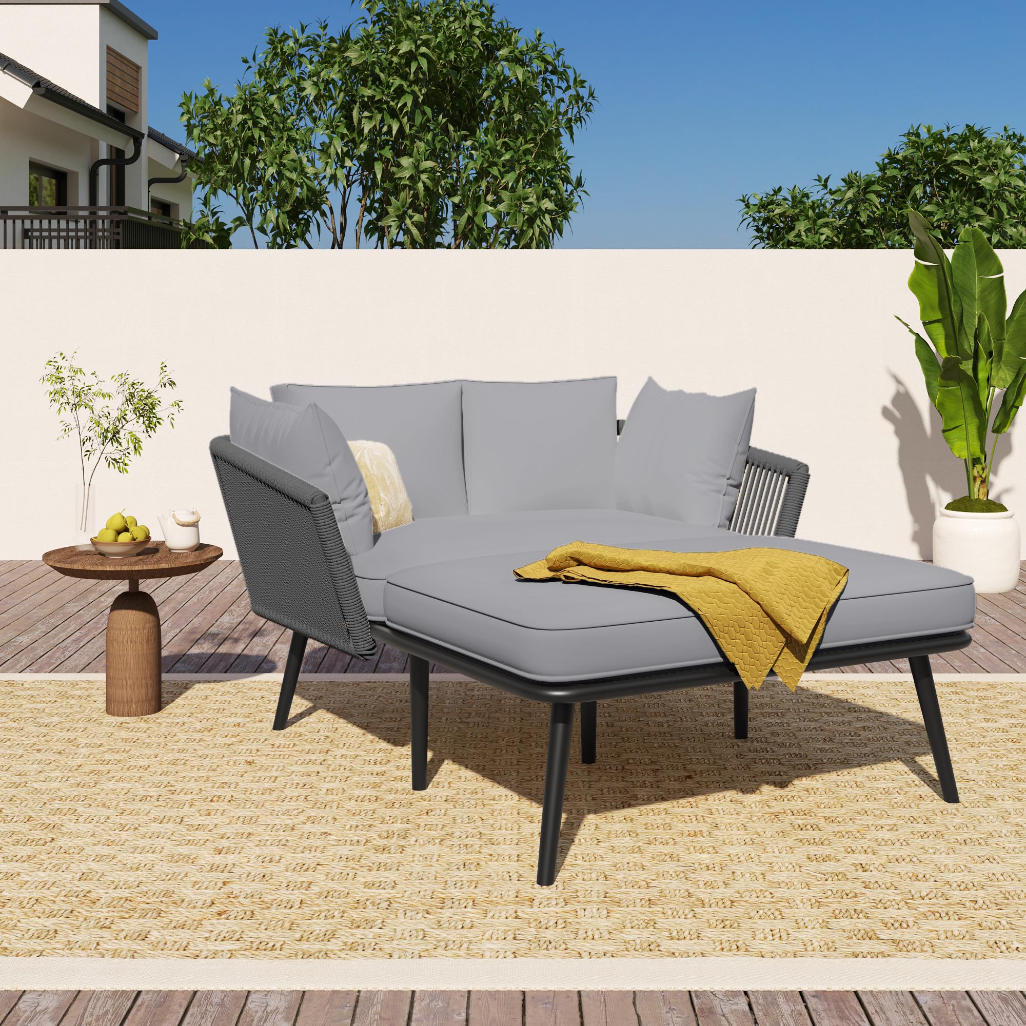 Merax Gartensofa 2-Sitzer, Outdoor Sofa, mit 2 Kissen und 2 Polster, Sonnenliege im Außenbereich, Gartenlounge, Balkonmöbel-Set, Loungemöbel, Terrassenmöbel, Grau