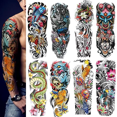 PADOUN Tatuajes temporales de manga completa, 8 hojas de peces, dragón, tigre, tatuajes de manga temporal para hombres y mujeres, impermeables,