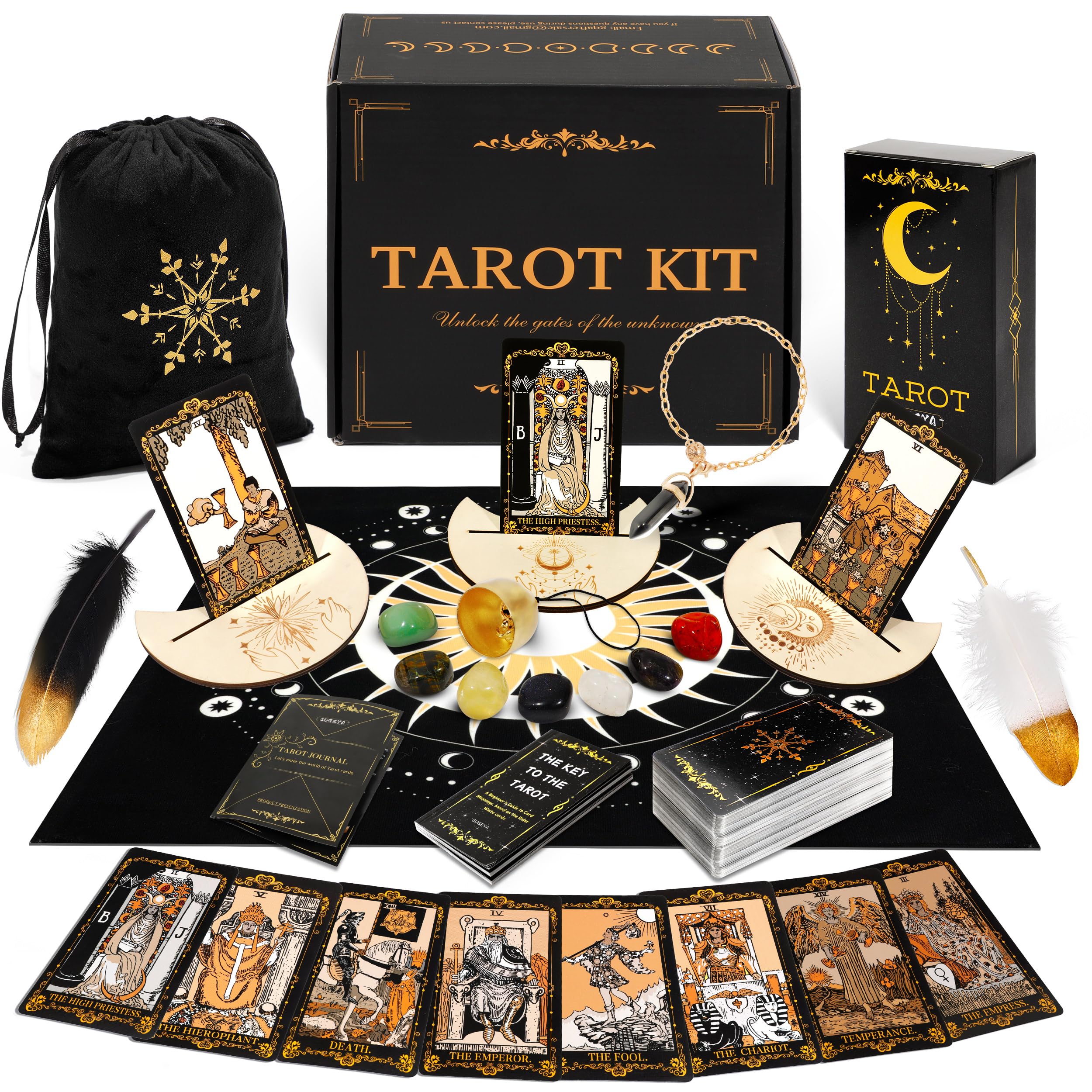 Tarot Cards with Guide Book, 78 Black Tarot Deck Set with Table Cloth, Chakra Stones, Velvet Bag and More, Classic Tarot Cards for Beginners Kit, Fortune Telling Game