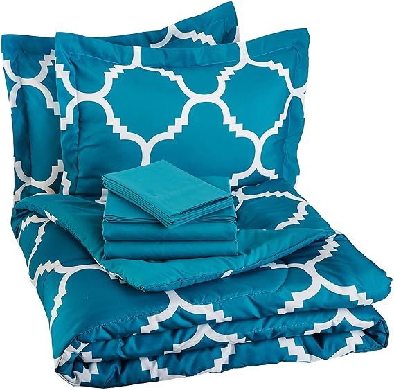 AmazonBasics 7Piece Bedsheet Set Full/Queen Size (Teal Trellis