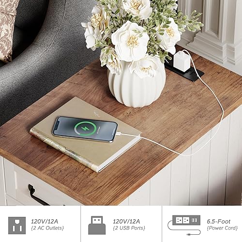 Miniatura 5 de WAMPAT Juego de 2 mesas auxiliares de granja con estación de carga, mesa auxiliar de madera con cajón y armario de almacenamiento, mesita de noche