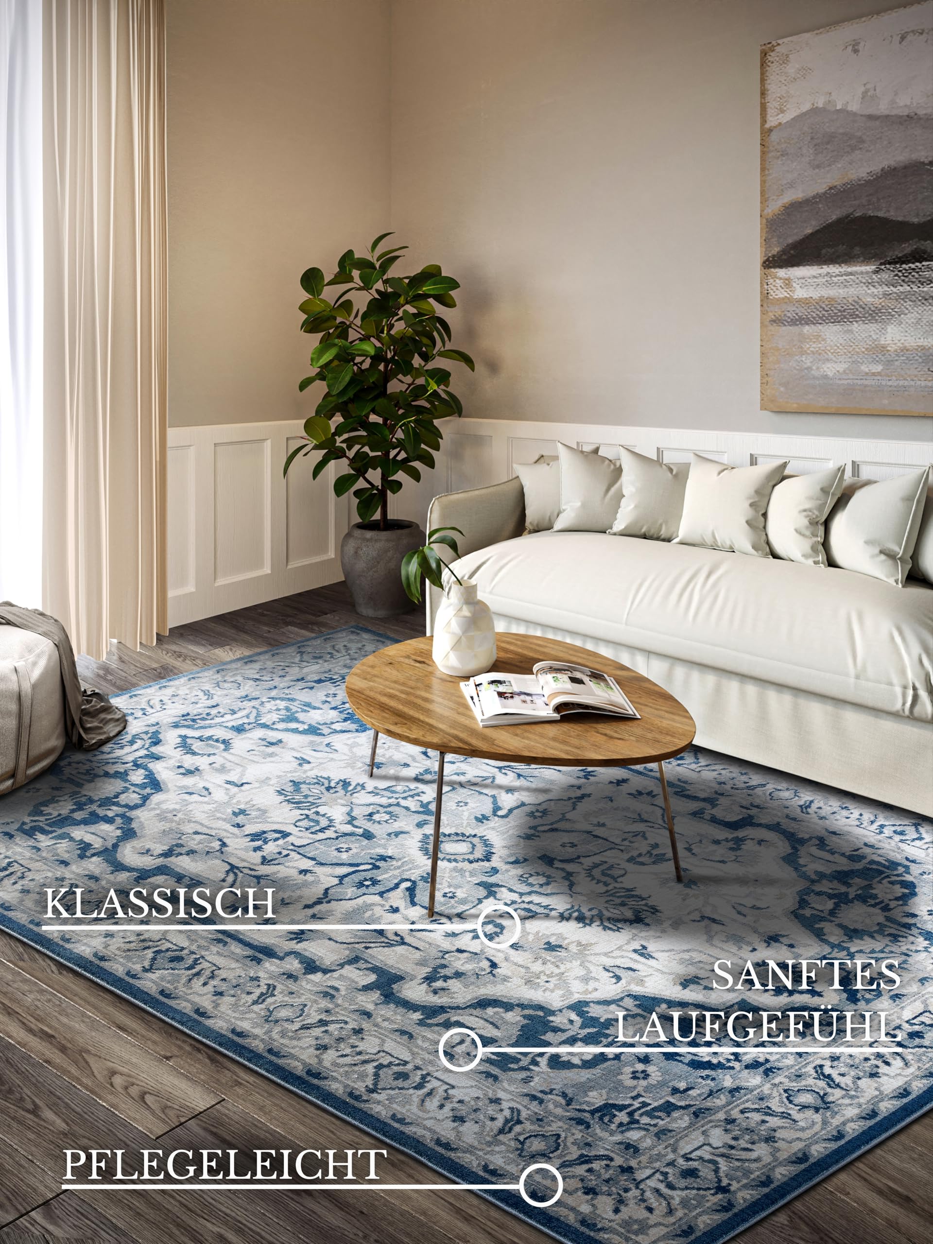 Villeroy & Boch Laagpolig tapijt Ernest - klassiek woonkamertapijt - traditioneel tapijt voor woonkamer, slaapkamer, eetkamer, hal, keuken - blauwe crème, 120x170 cm Villeroy & Boch Laagpolig tapijt Ernest - klassiek woonkamertapijt - traditioneel tapijt voor woonkamer, slaapkamer, eetkamer, hal, keuken - blauwe crème, 120x170 cm