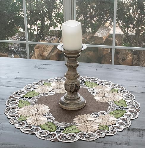 Miniatura 7 de Margarita dorada bordada con hojas verdes sobre marrón, redondo Doily, centro de mesa (33 pulgadas redonda)