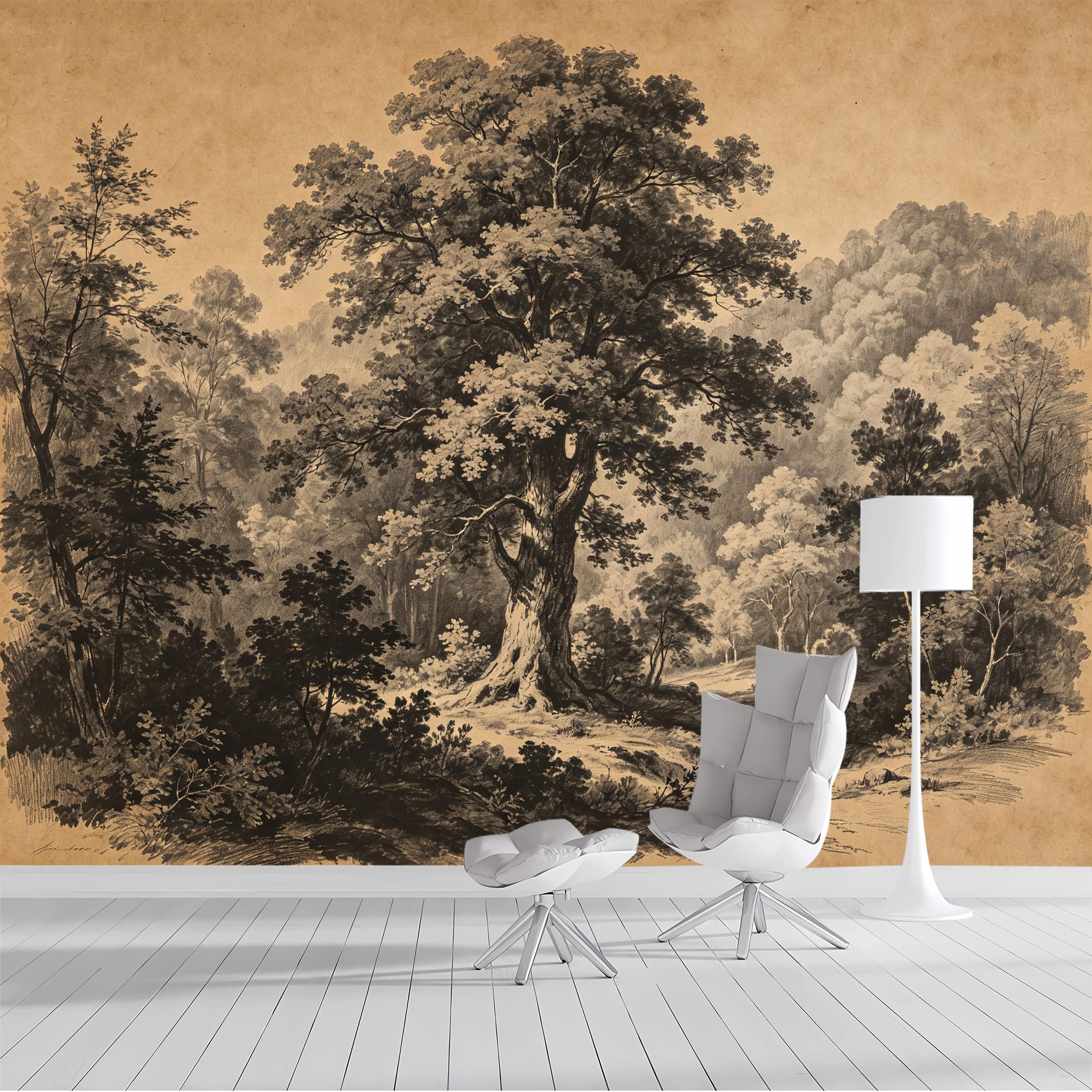 Yzpallescene Bh260711028 Custom Size Wall Mural Vintage Forest Landscape Ink Art Rustic Woodland Sepia Nature Selfadhesive Wall Fabric Removable Peel And Stick Wallpaper Wall Decor For Living Room Bedroom Bathroom