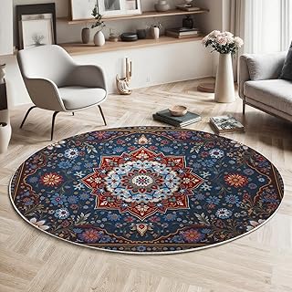 Persische Kunstillustration Maschinenwaschbarer Runder Teppich–Weich Pflegeleicht mit Aufwendige Sternförmige Blumenmuster Print-Muster, Anti-Rutsch Teppich für Wohnzimmer und Küche,160cm,Dunkelblau