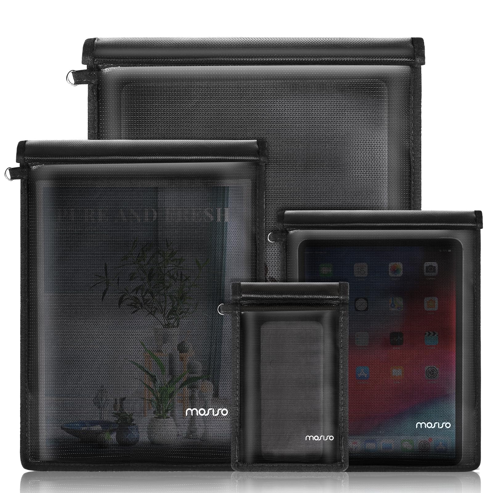 MOSISO 4 Pack Faraday Bag Sleeve for Laptops&Tablets&Phones&Car Keys, Faraday Cage Key Fob Protector, Anti-Theft&Anti-Tracking&Fireproof&Waterproof RFID Signal Blocker Pouch, Black