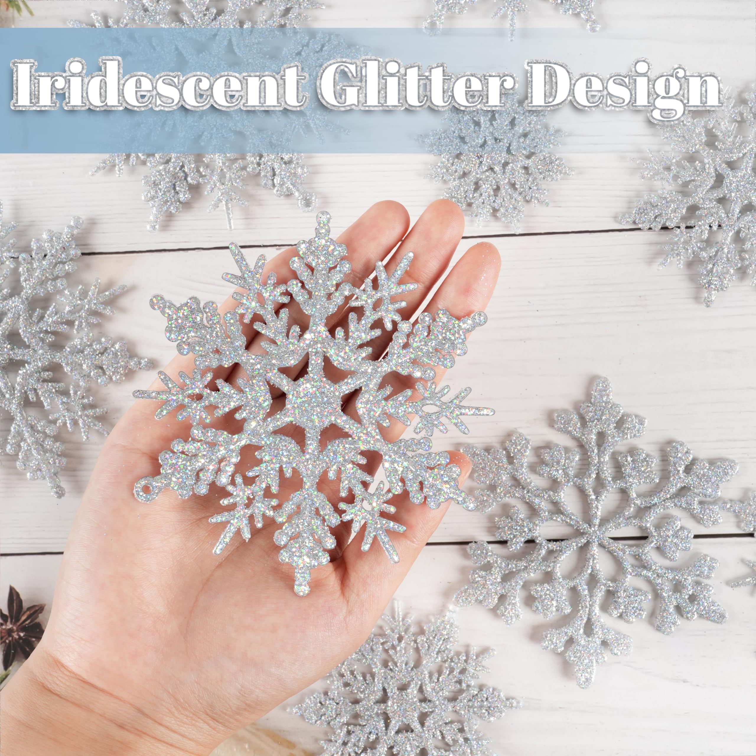 36 Stück schillernde silberne Weihnachts-Schneeflocken-Ornamente, Kunststoff funkelnde Glitzer-hängende Schneeflocken für Weihnachtsbaumschmuck, Winterwunderland, Frozengeburtstag, Party, Urlaub