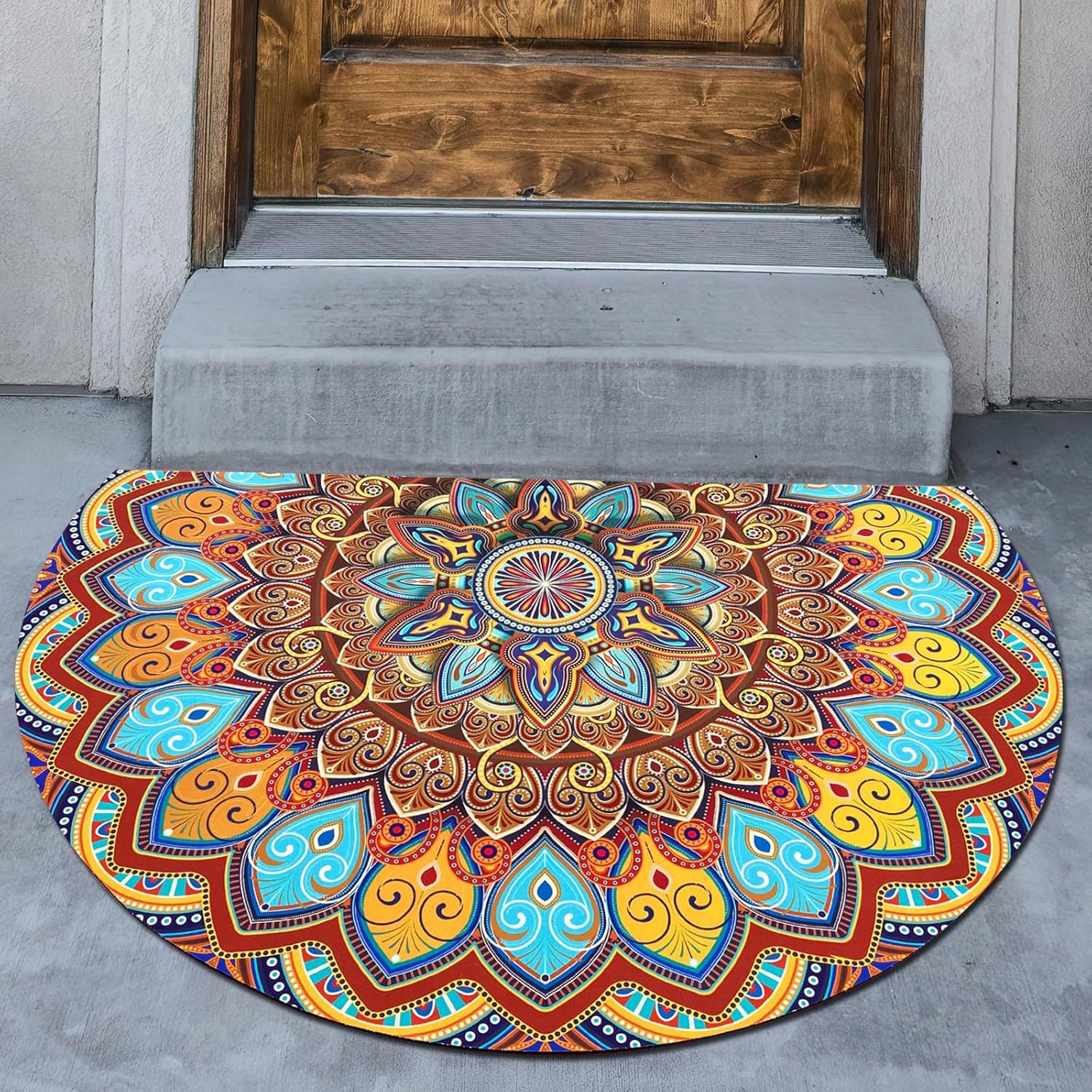 LEESENNE Boho Brown Blue Flowers Half Round Front Outdoor